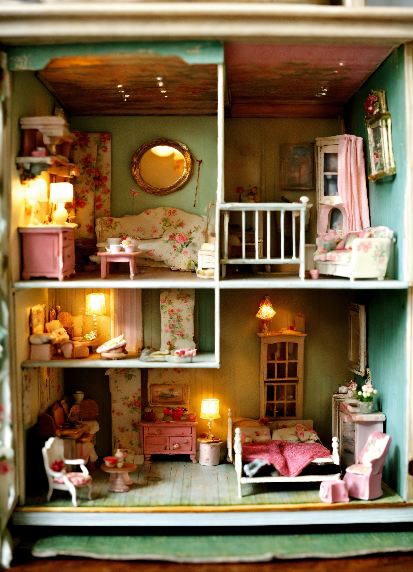Lexica - Can you create a picture of a shabby chic dollhouse rooms