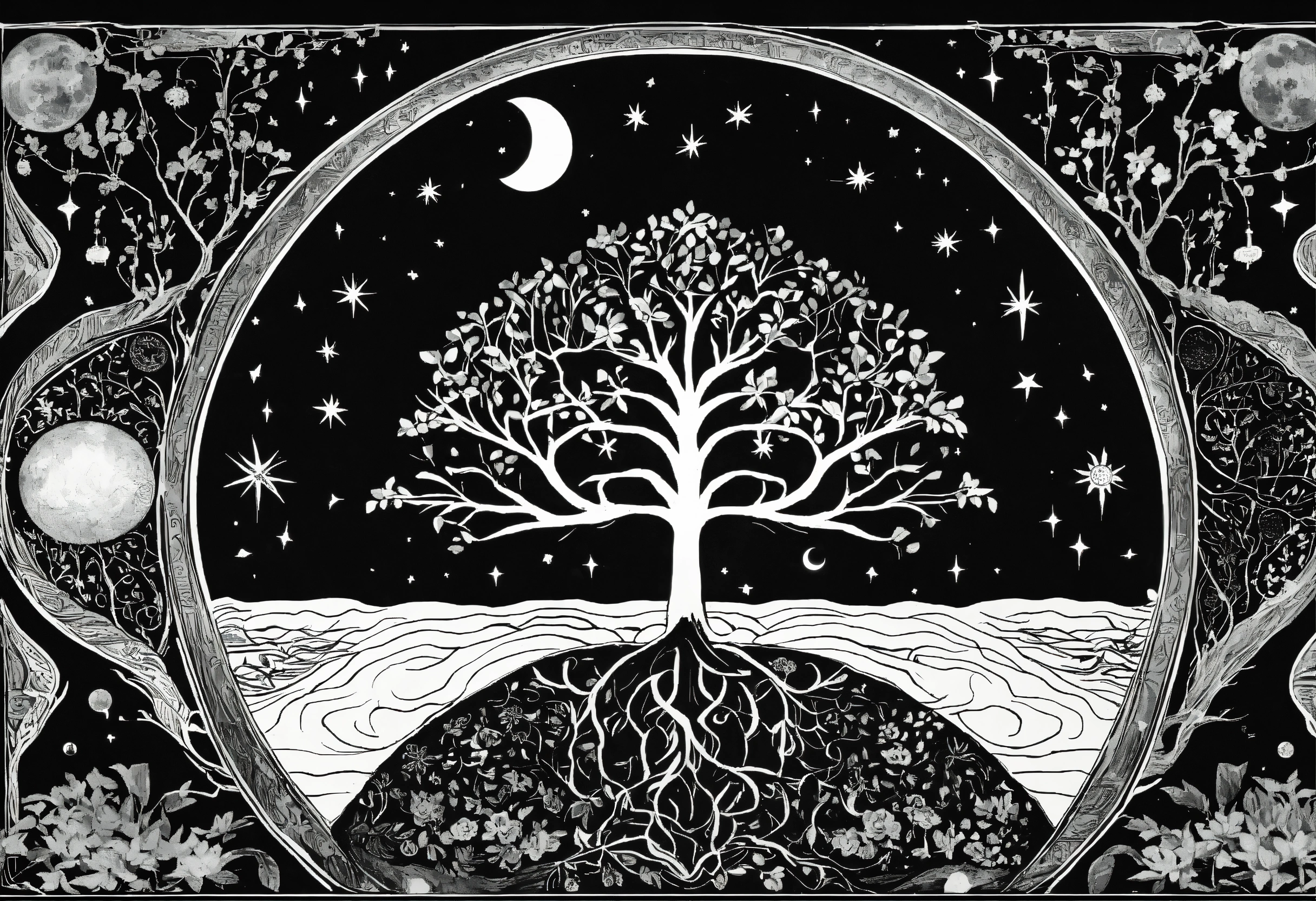 Lexica - Tree of life black and white no leaf with moon sun and stars