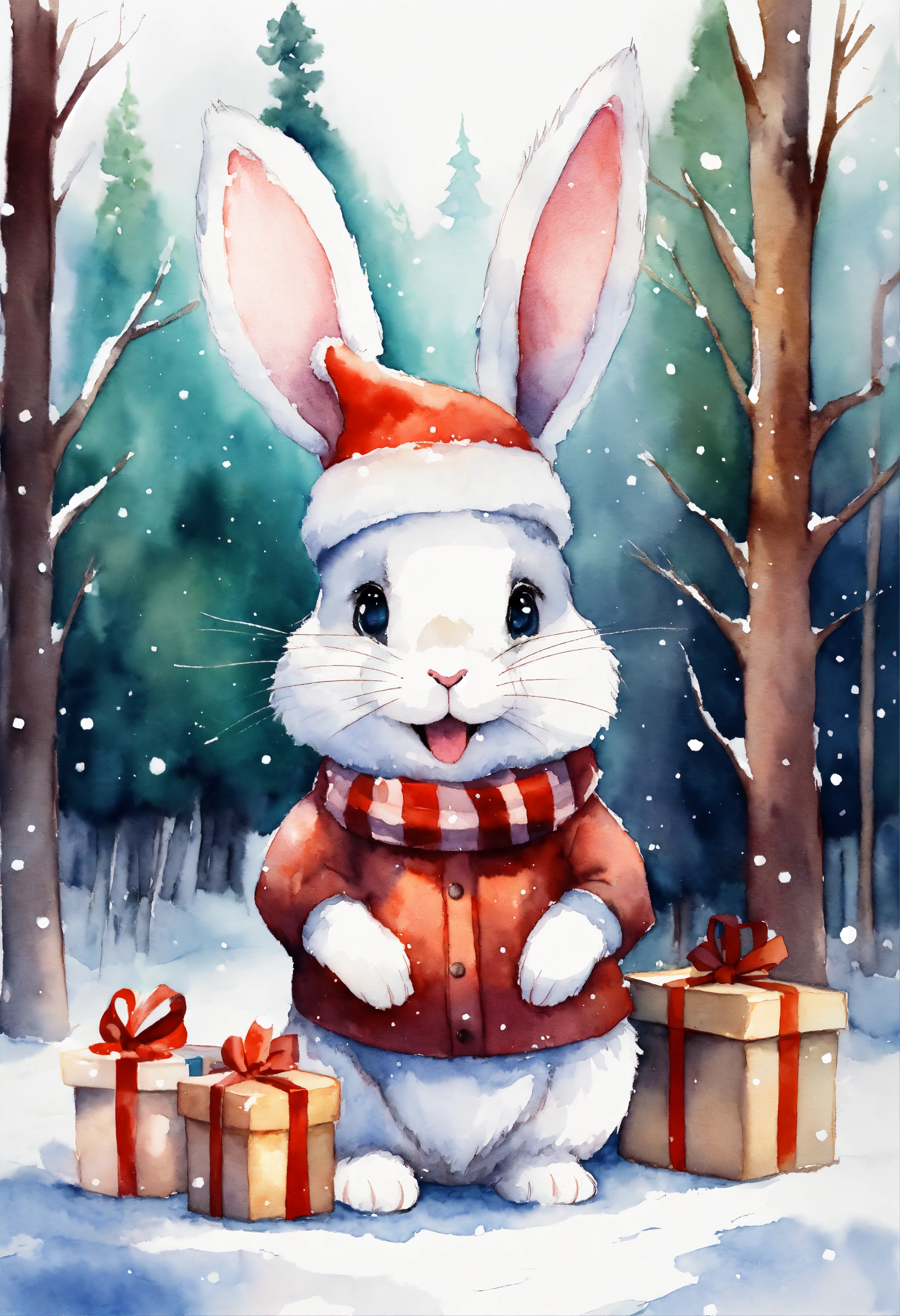 Lexica - A cute happy rabbit in forest with Christmas hat , presents ...