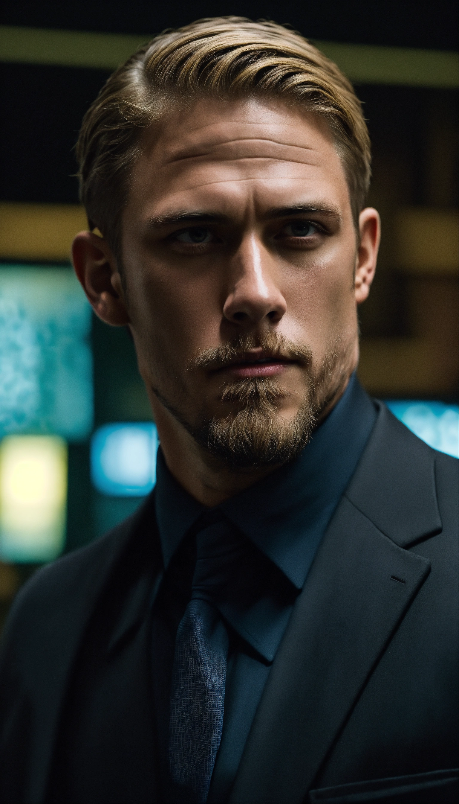 Lexica - Tall handsome man, hunnam, black suit, short blonde hair, FBI  agent, very realistic, altered carbon 33 years old, serial killer hunt