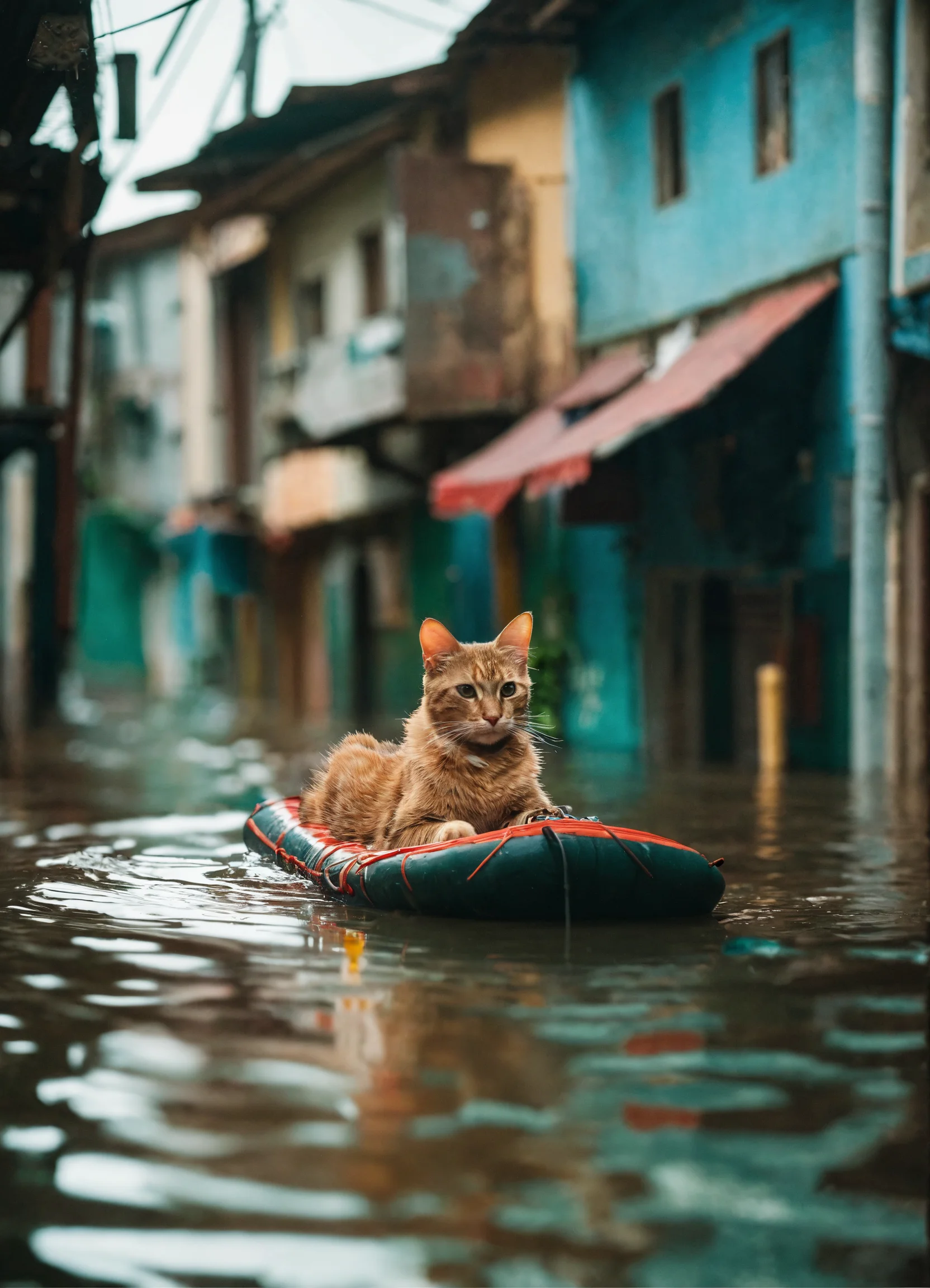 Lexica - A cat floats on a raft along the street of a flooded city.