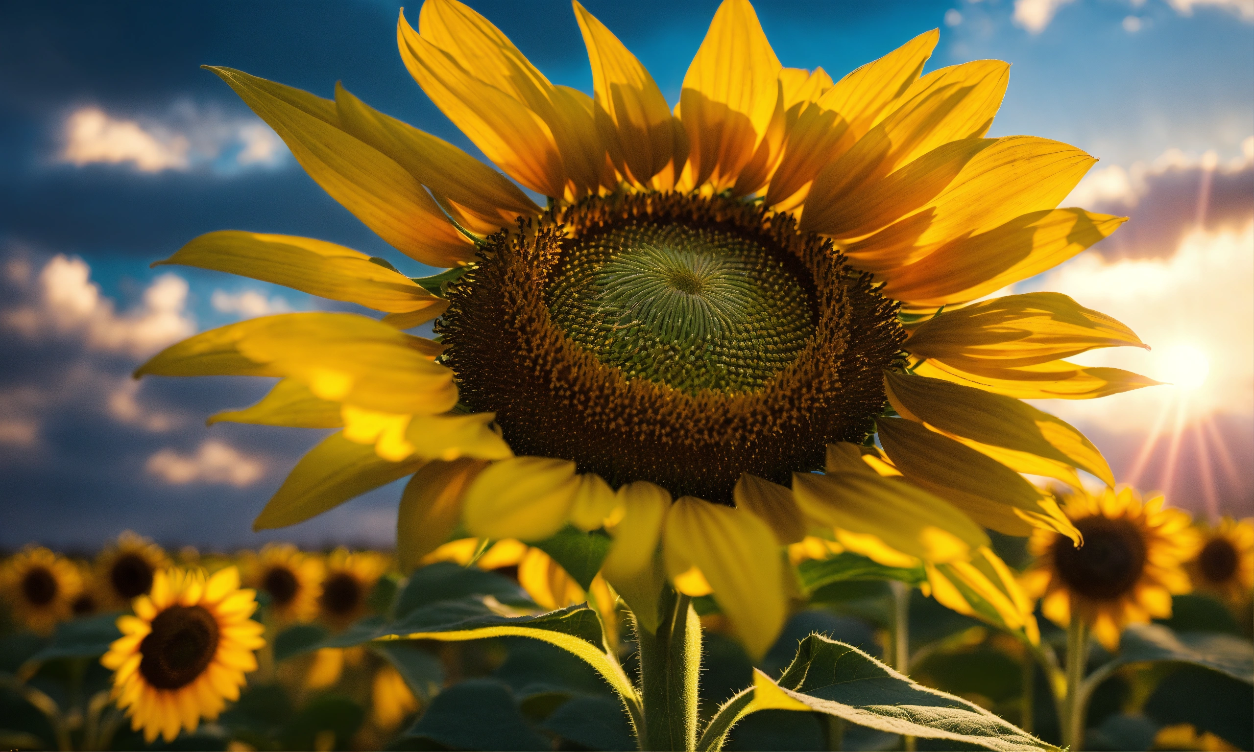 Lexica - Close up of sunflower field with rays of sunlight, lots of ...
