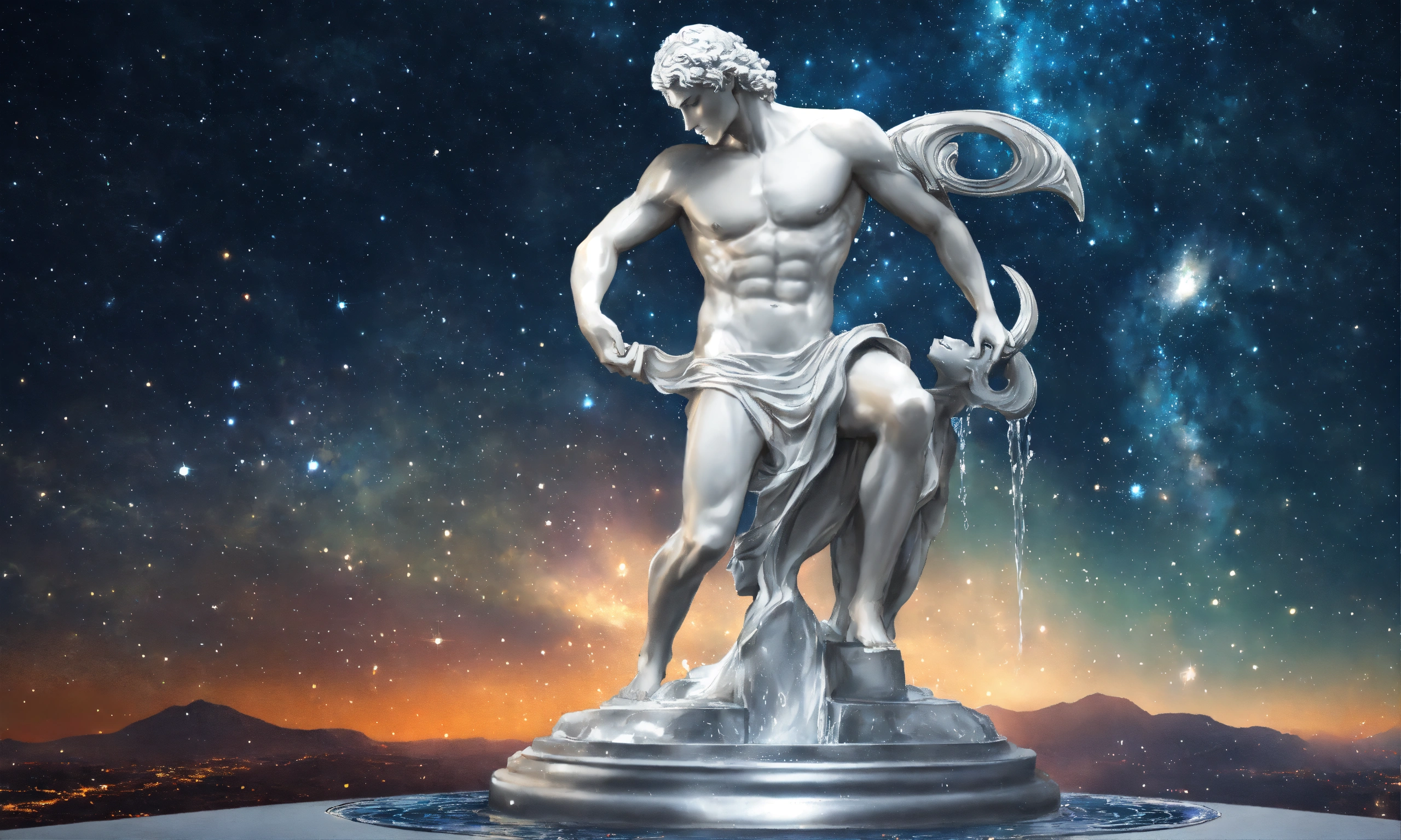 Lexica Greek white and silver man statue pours water, brutal, zodiac