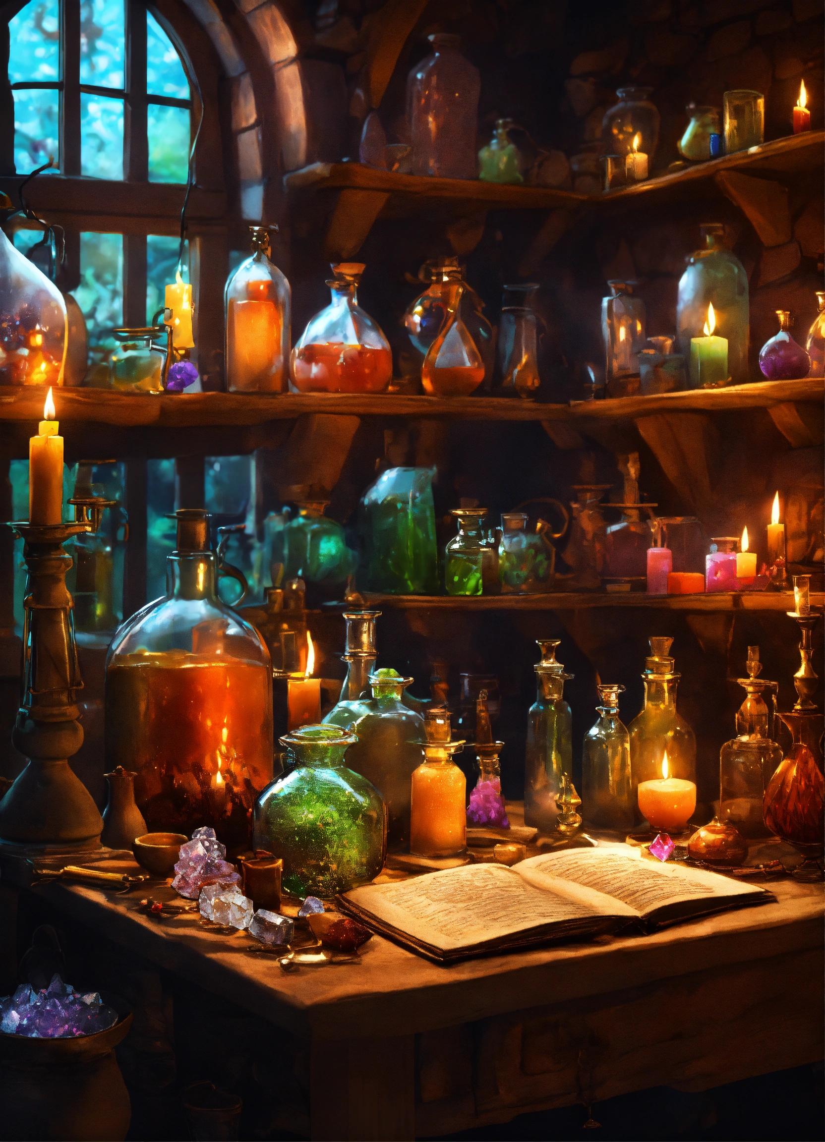 Lexica - A table full of potions, candles, crystals, and a pot of ...