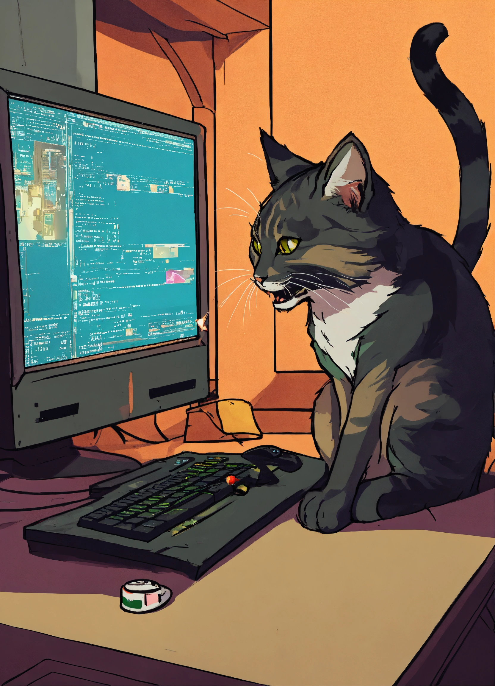 Lexica - A cat playing counterstrike on a a computer yelling racial ...