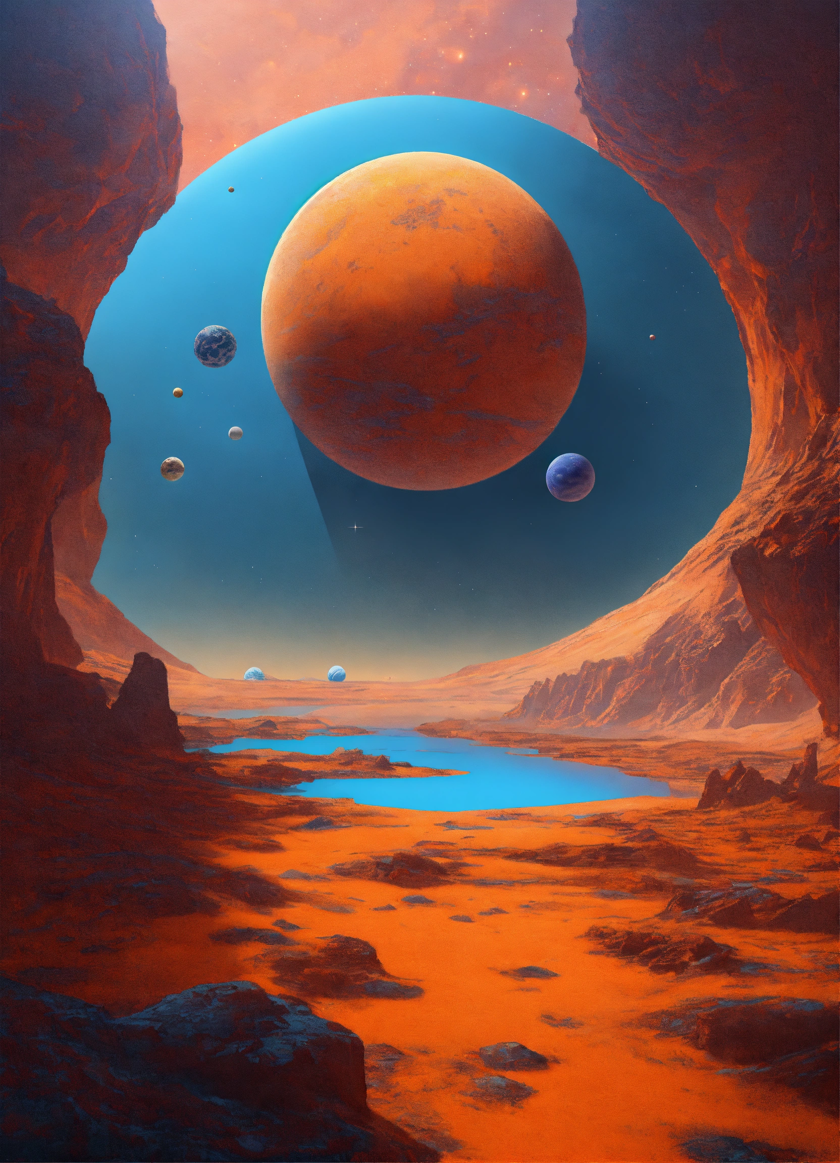 Lexica - Landscape of a planet that has an orange and blue floor with ...