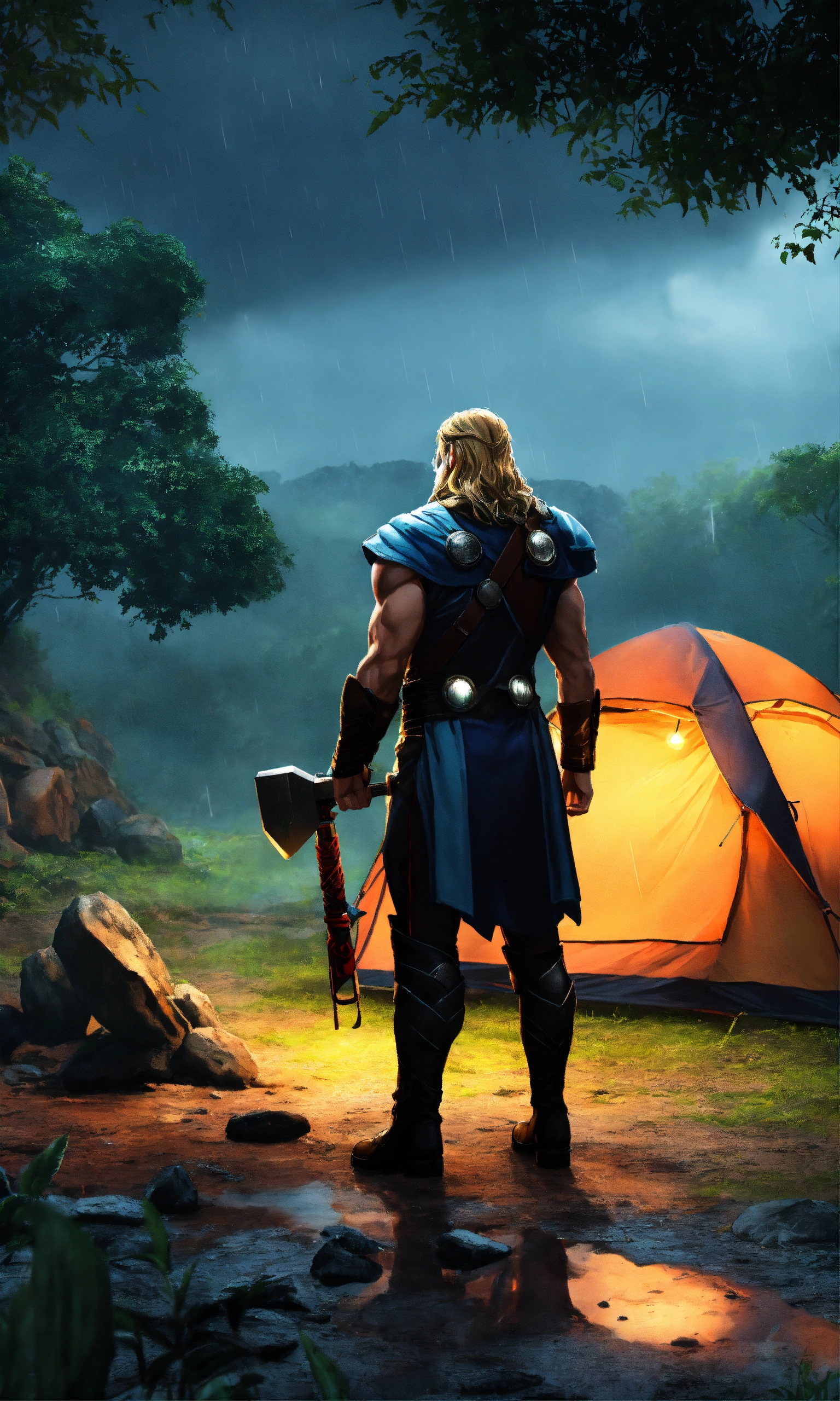 Lexica - Thor camping on a rainy day in the jungle at night, nature ...