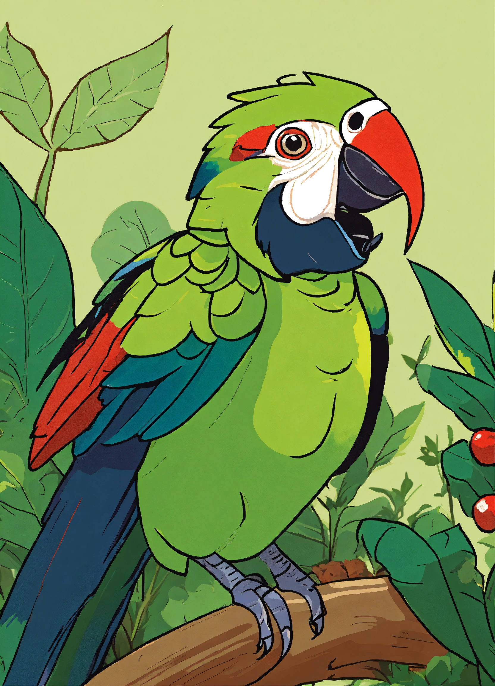 Lexica - Green parrot with a red beak in a garden, style of Donald ...