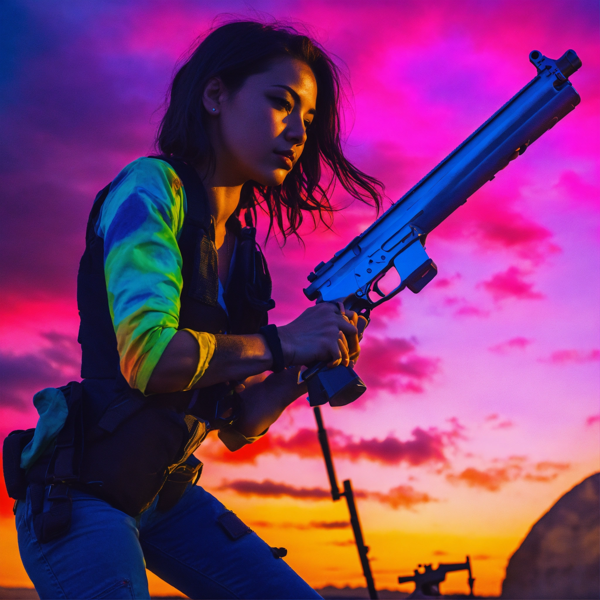 Lexica - Close up of a woman holding a gun, in front of a colourful sky