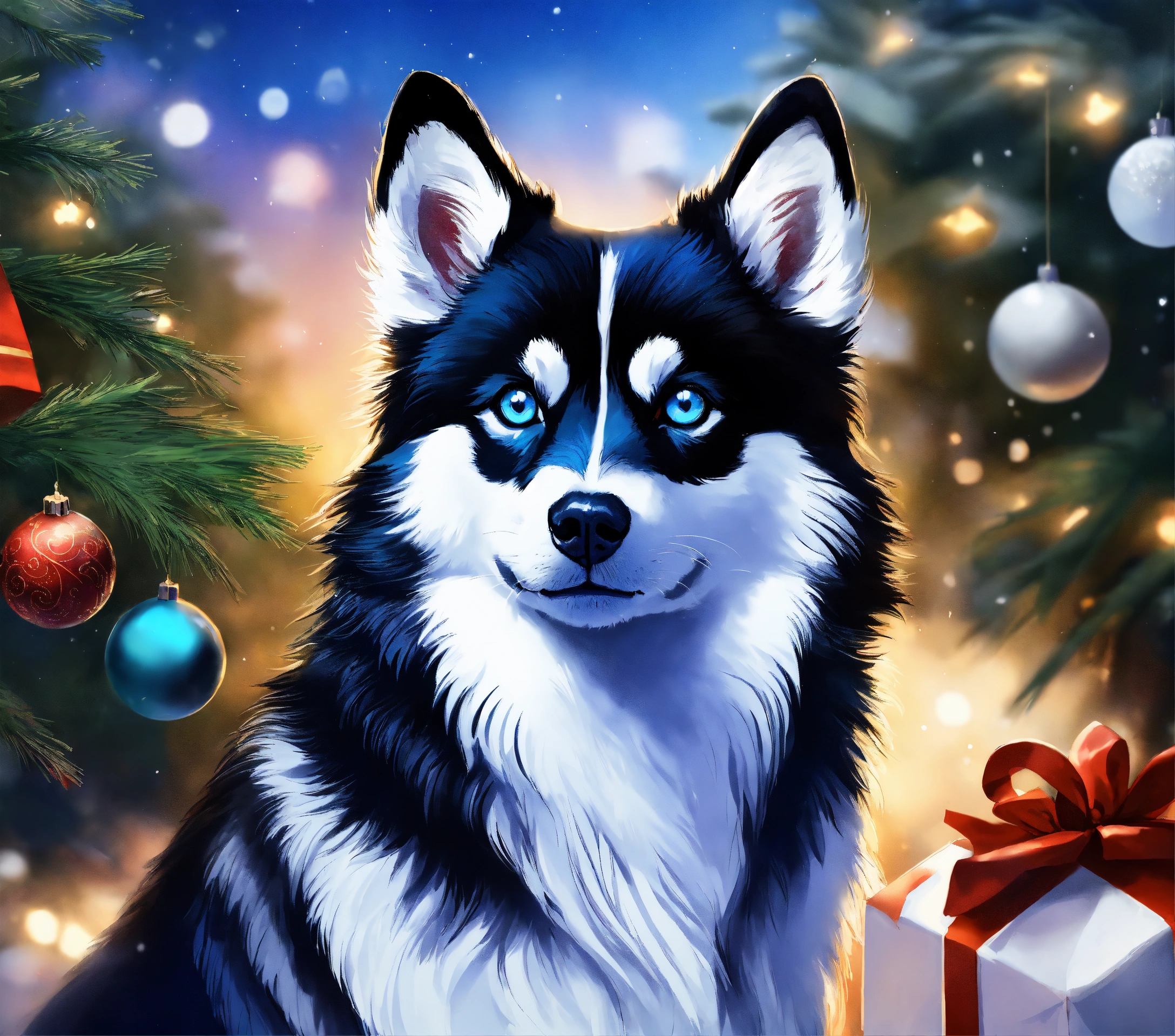 Lexica - Illustration of a magnificent black and white pomsky with blue ...