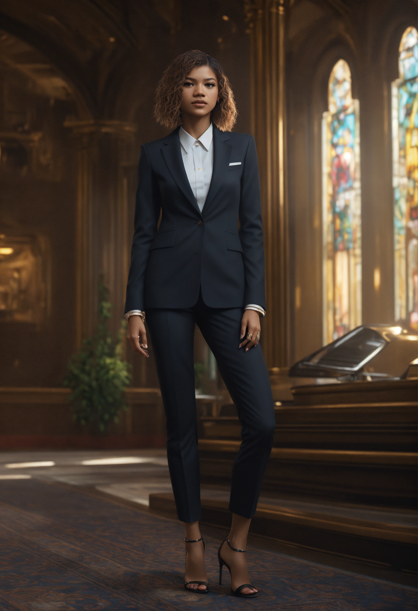 Lexica - Full body portrait, Zendaya, straight hair, black business