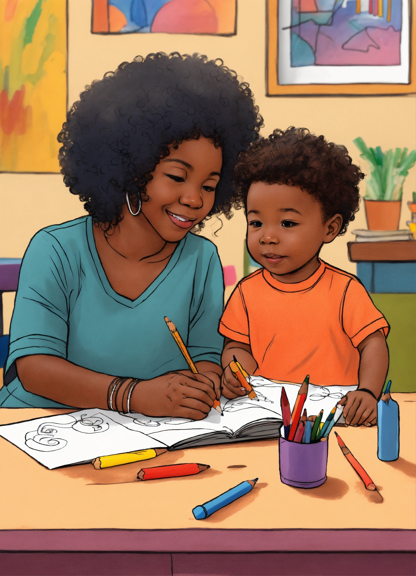 Lexica - Cartoon, colorful, illustrate a black toddler boy and black ...