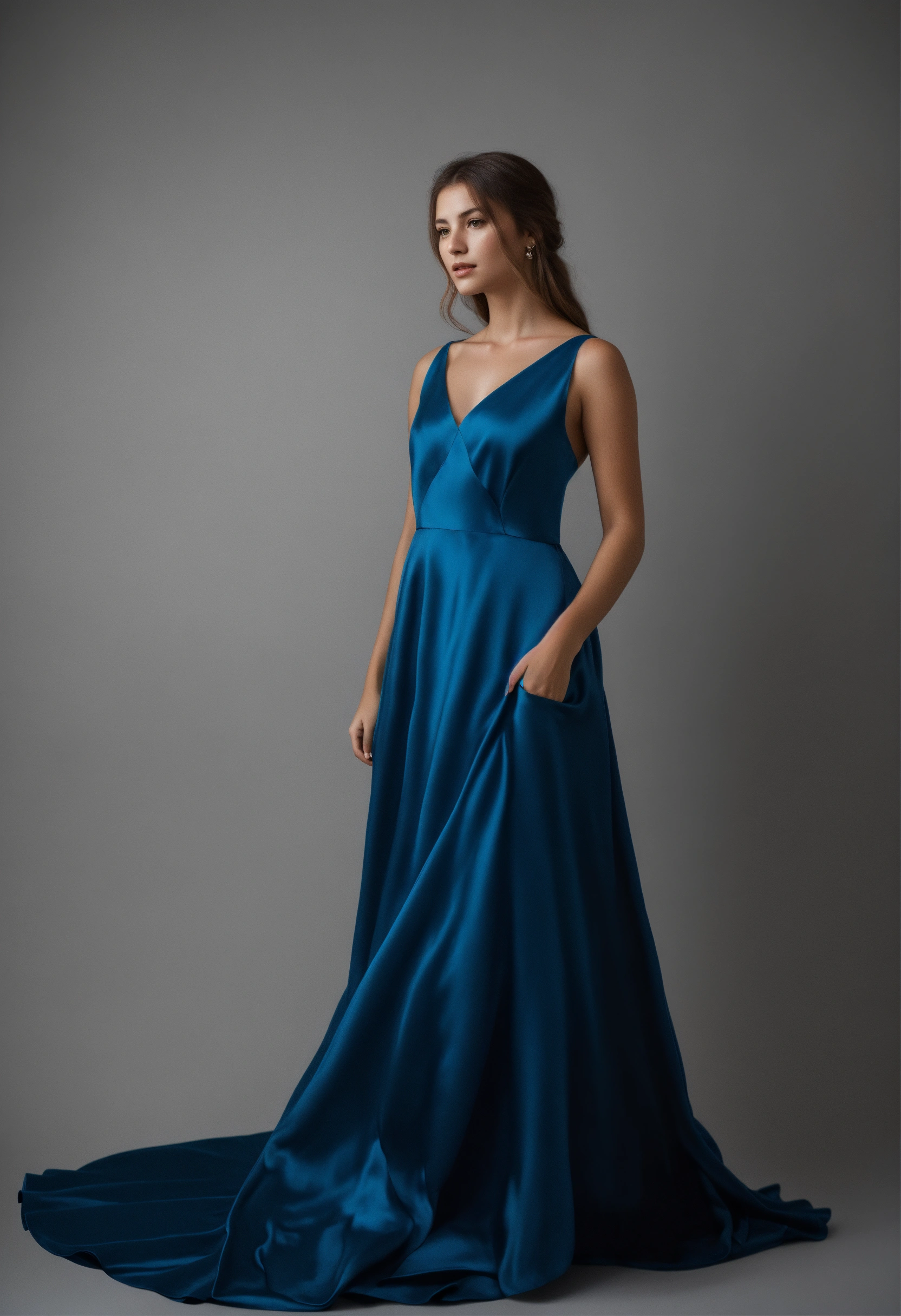 Lexica - Young woman in a blue gown standing against a light background