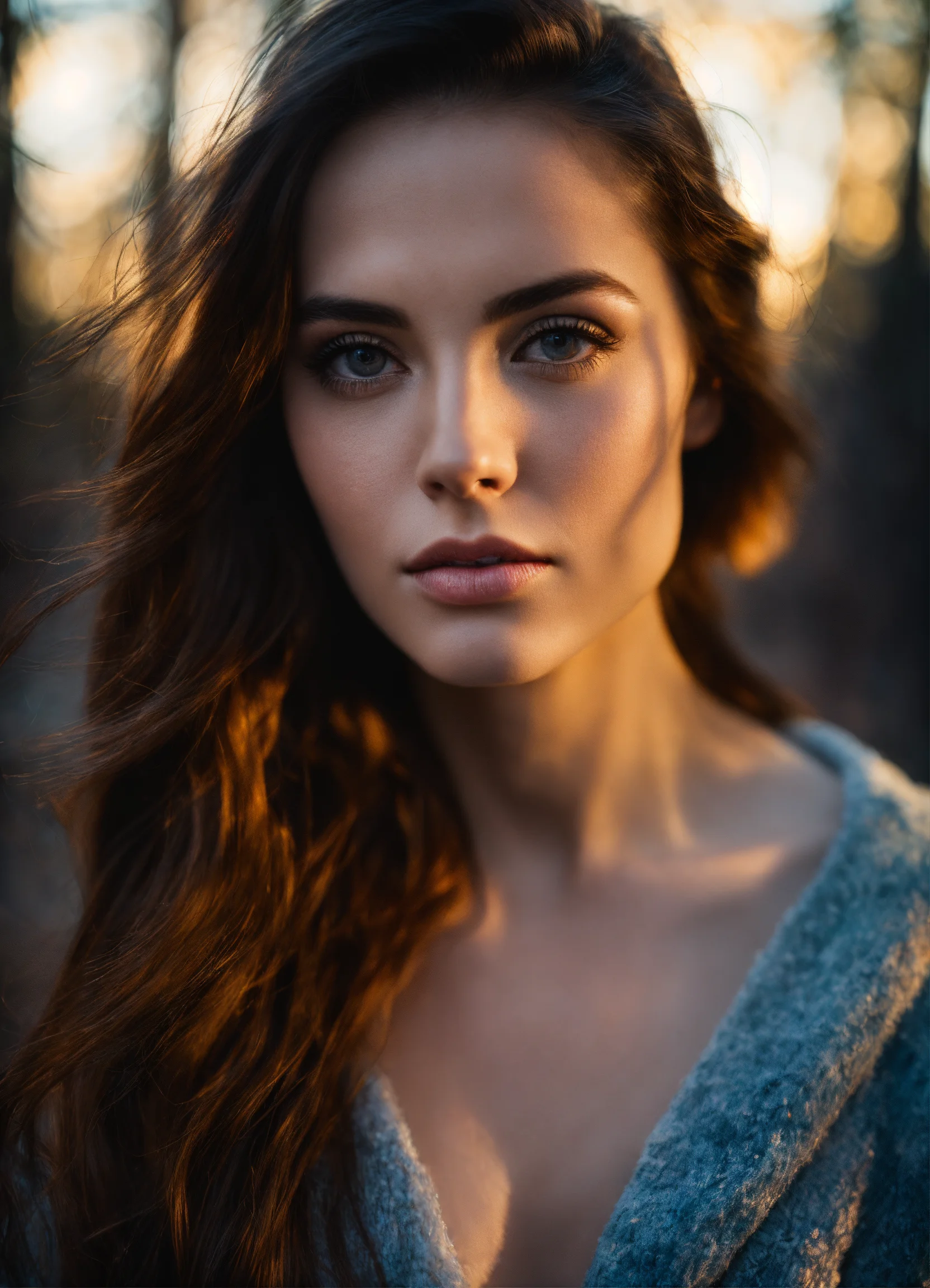 Lexica Beautiful woman meets dawn in winter pine forest, closeup