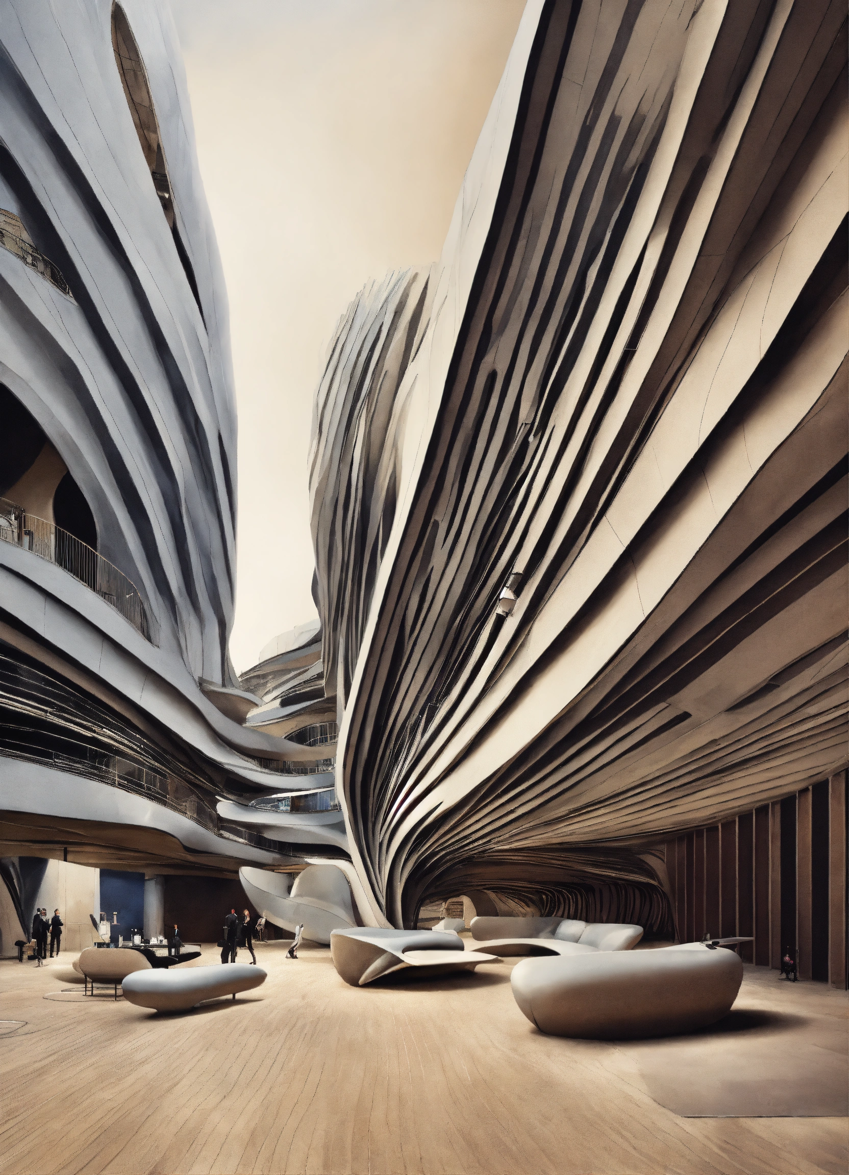Lexica Zaha Hadid surrealist opera in the city made of moleskin.