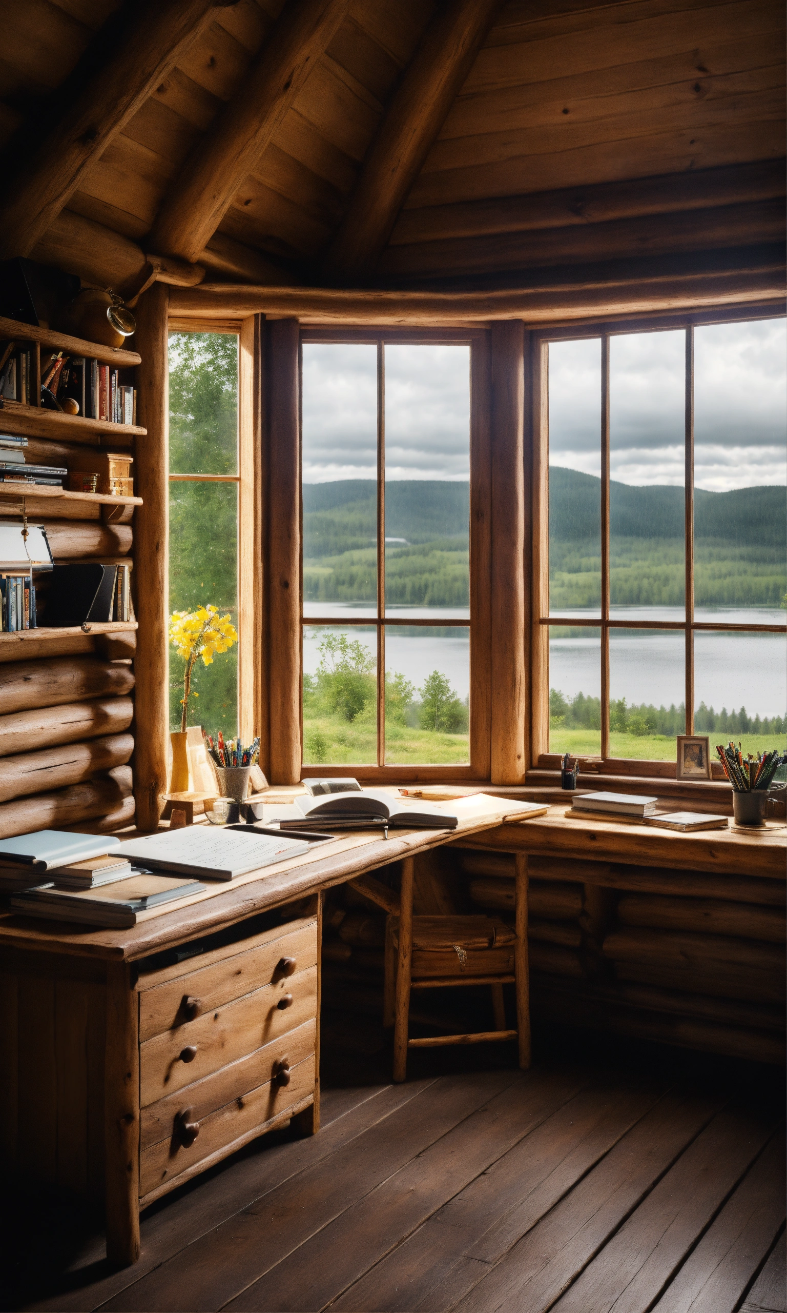 Lexica - Study desk in log cabin in sweden, wooden windows and wooden ...