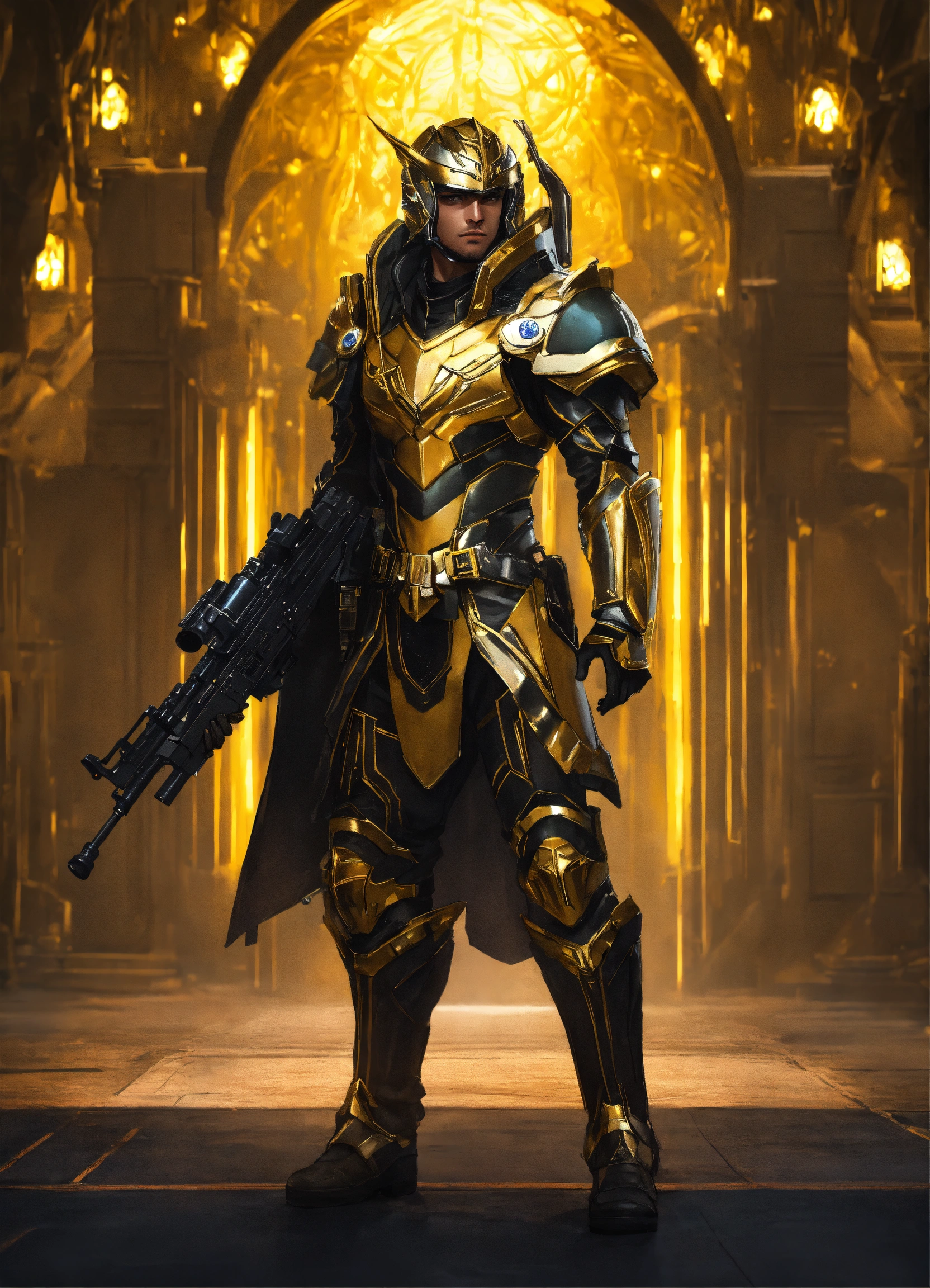 Lexica - Full body of a high elf sci fi soldier wearing heavy sci fi elven  armor, black and gold armor and helmet, visor, boots, male, holding a  ligh...