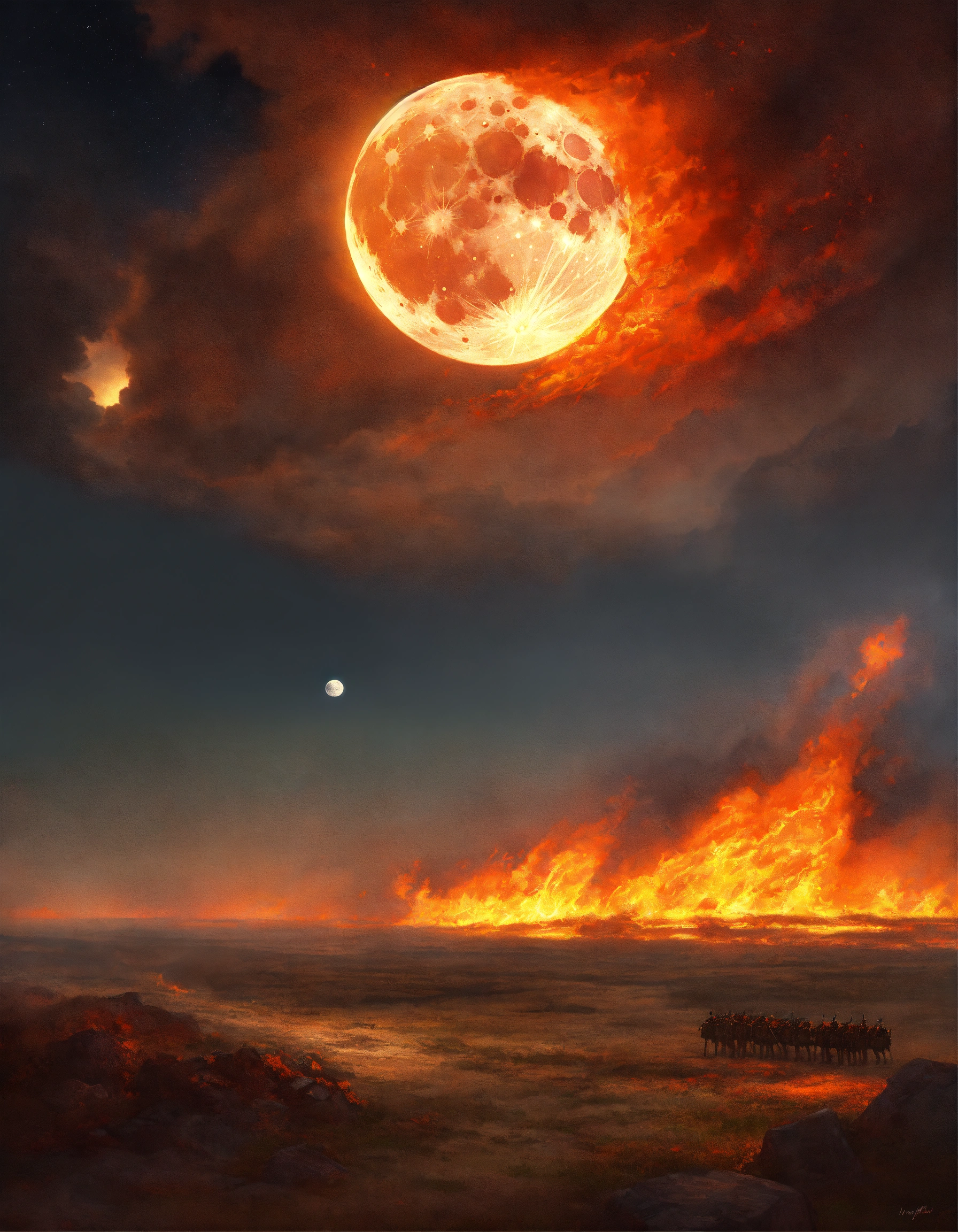 Lexica - Moon of fire above a battlefield, digital painting ...