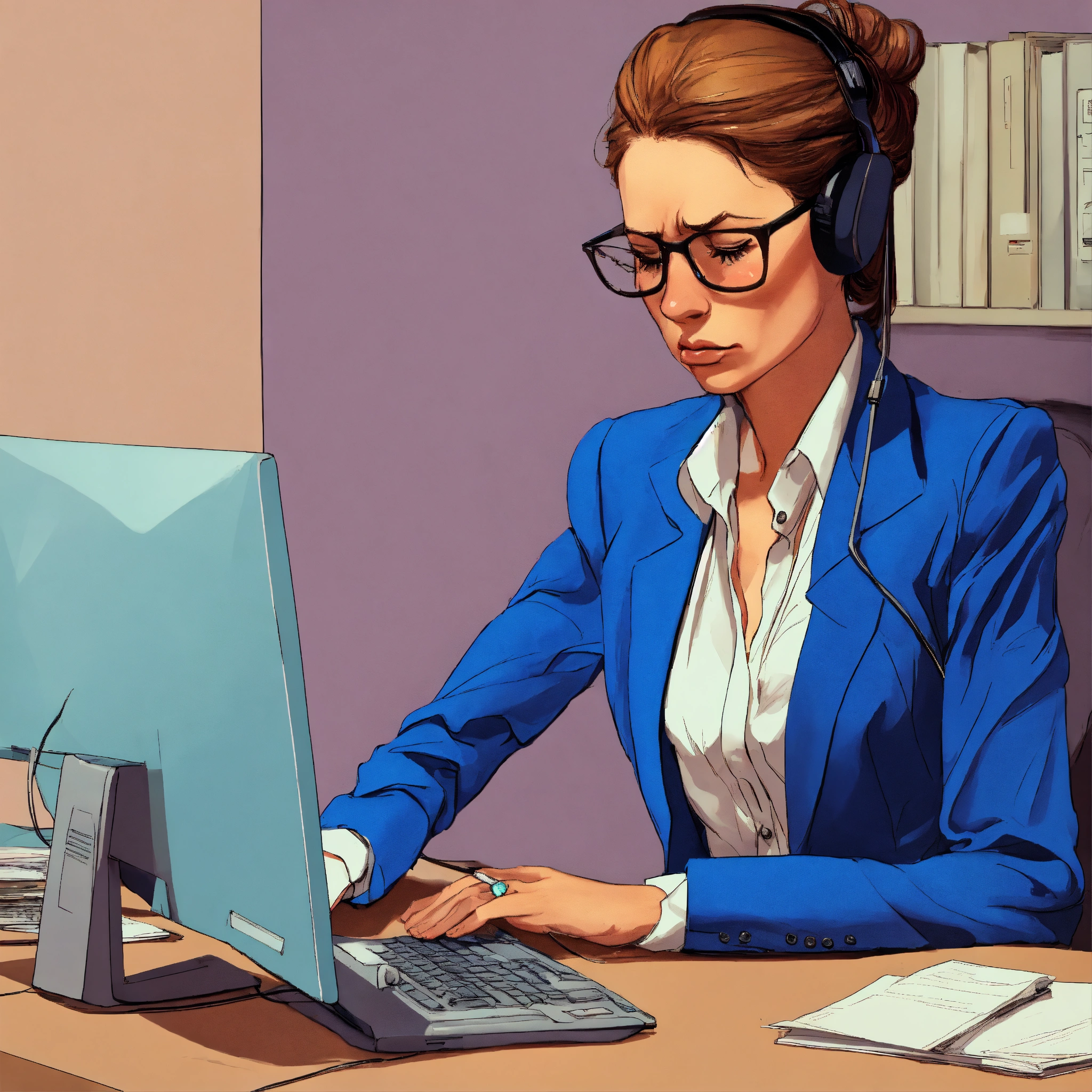 Lexica - Caricature, cartoon, exaggeration, tired woman in blue suit at ...