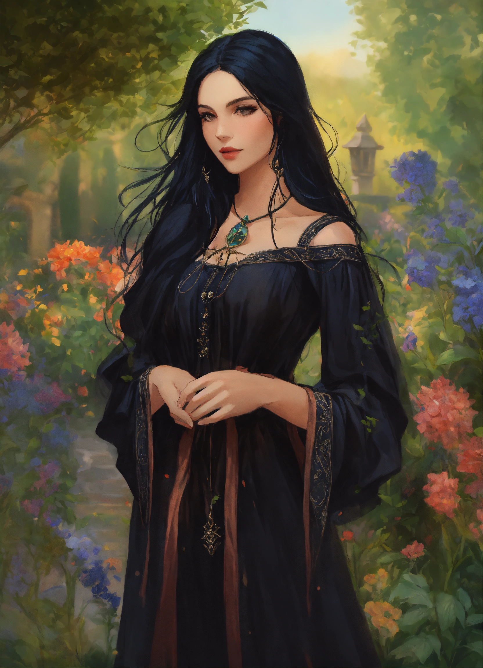 Lexica - A beautiful sorceress with long black hair dressed in a black ...