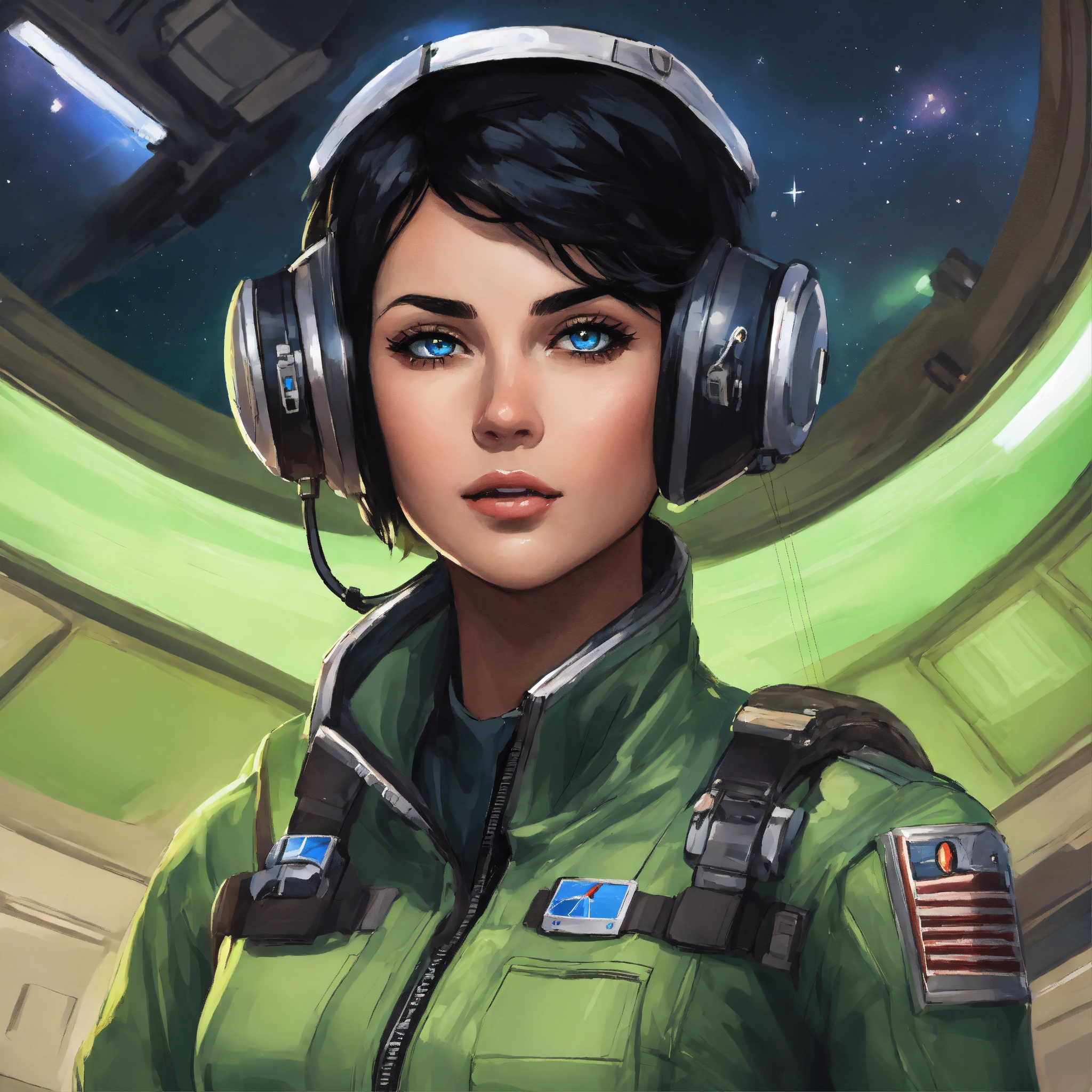 Lexica - Olivia de Berardinis art style, female pilot docking space ...