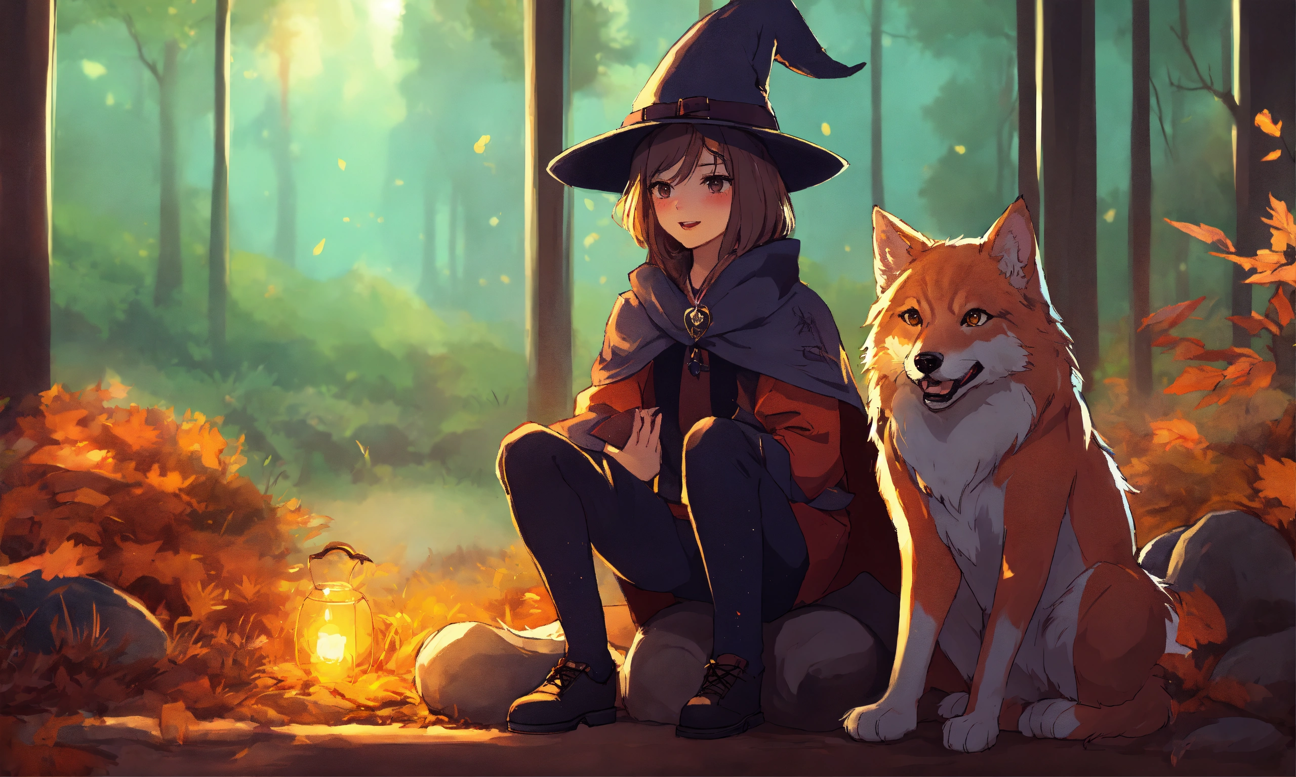 Lexica - The cute witch and cute boy in forest cat wolf howling