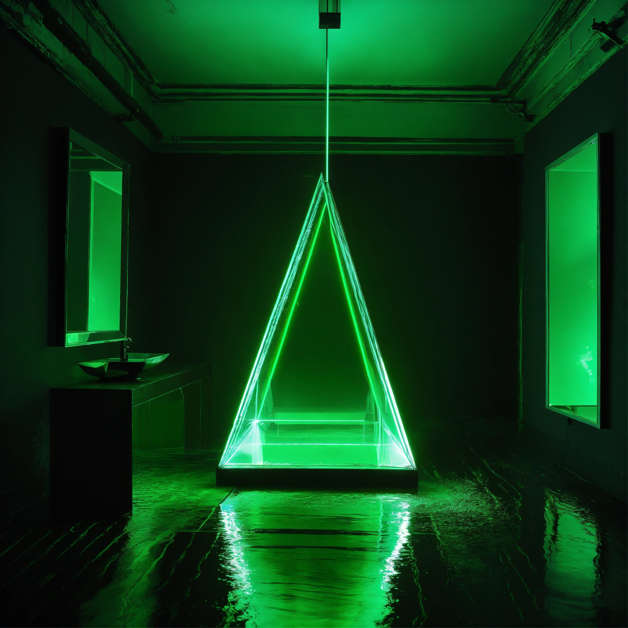 Lexica - A neon green laser light prism passes through a mirror in a black  room with walls made of water. On the other side of the mirror is clear  wa...