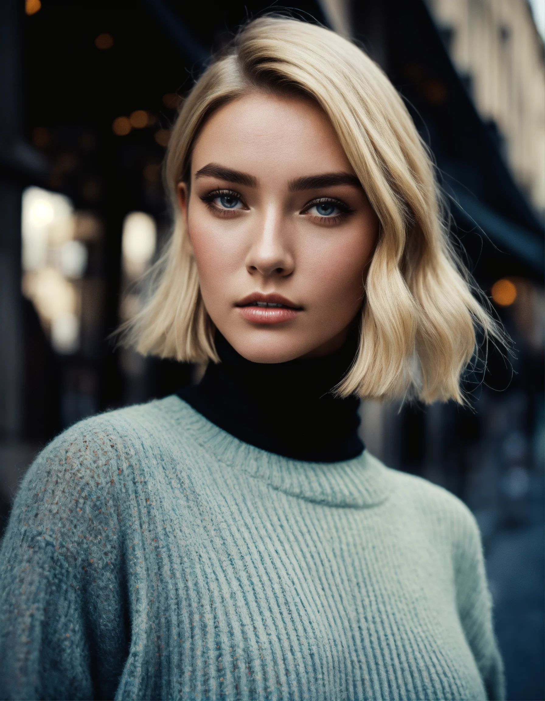 Lexica - Beautiful fashion models, blonde, clear eyes, black turtleneck  sweater, face view, bob haircut, portrait close up, paris street  background, ...