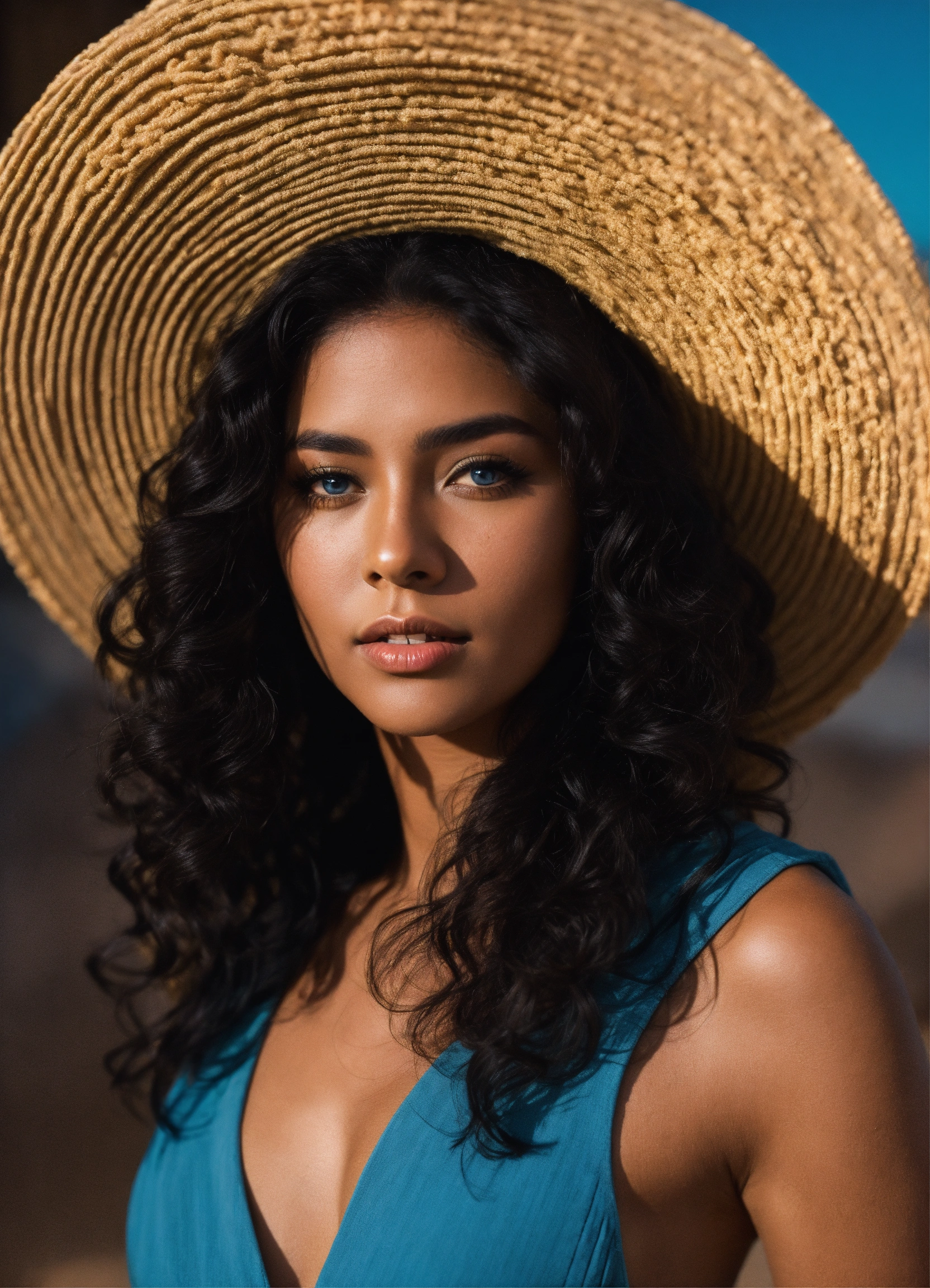 Lexica - Hispanic woman, dark tan skin, curly long black hair, blue eyes