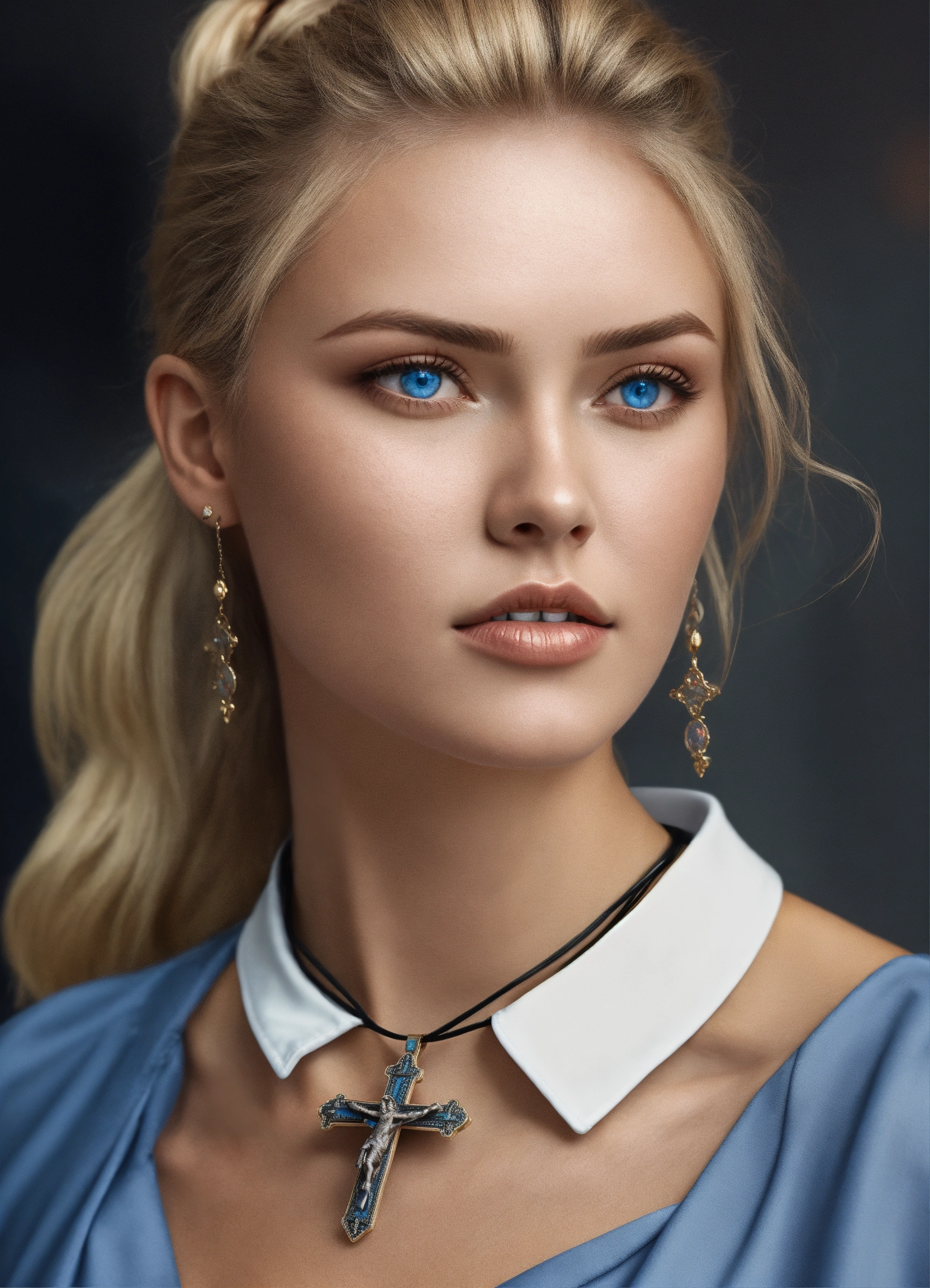 Lexica - A beautiful woman with blue eyes, blond hair in a ponytail ...