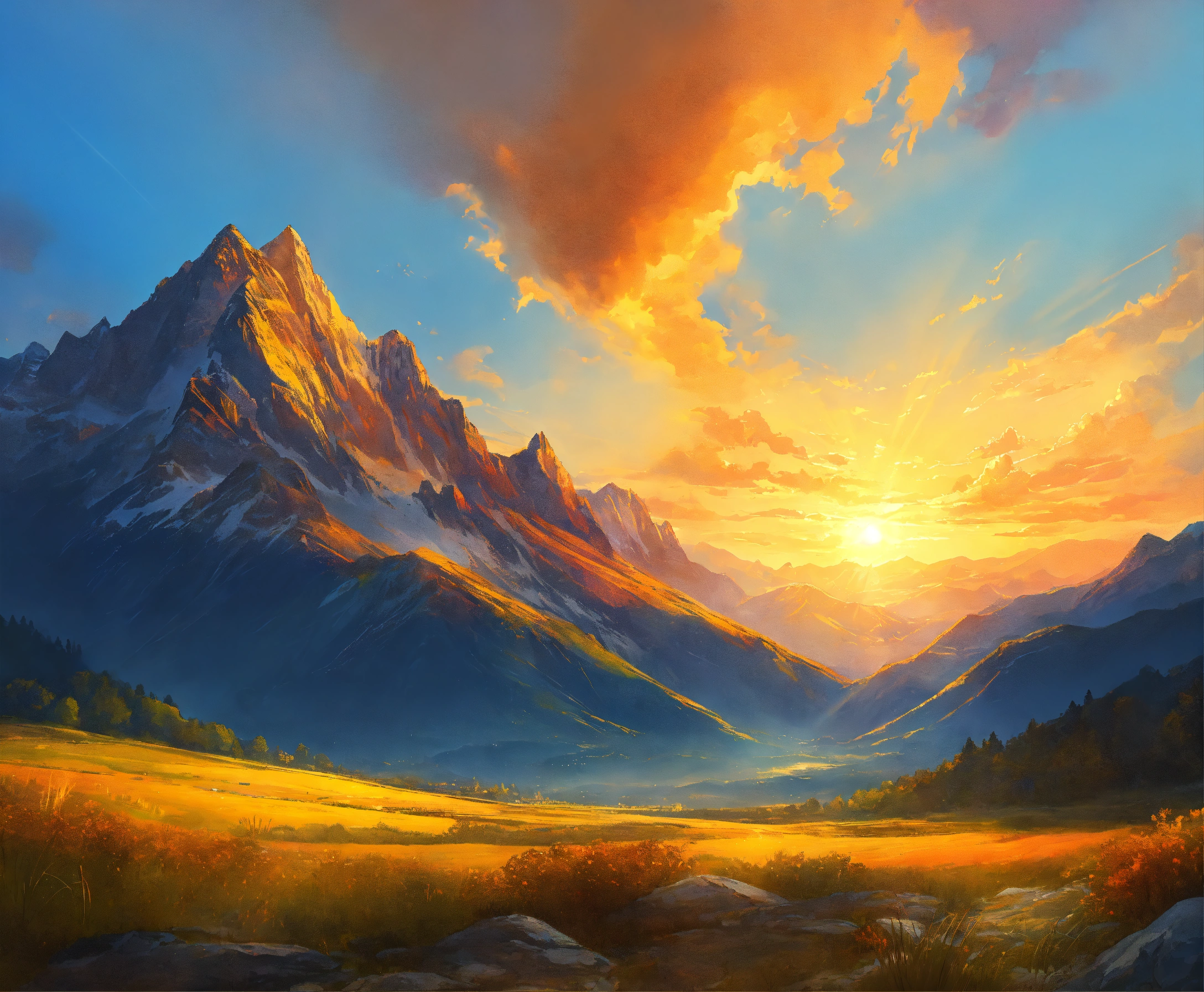 Lexica - View from the ground of a landscape at sunset, light rays ...
