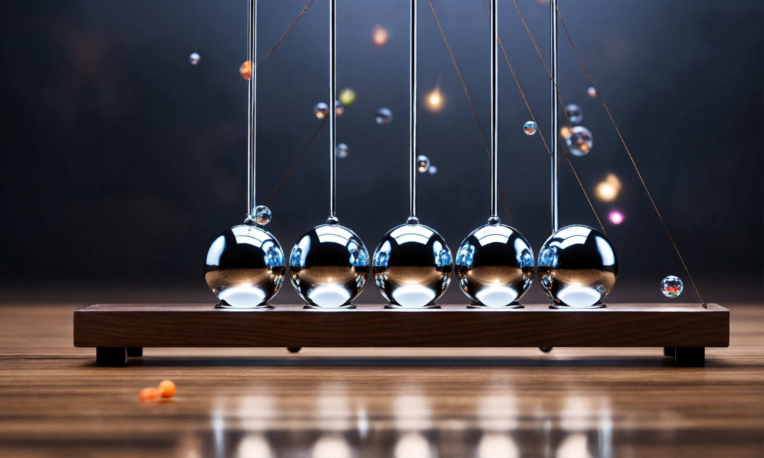 Lexica Five crystal balancing balls newtons cradle, one pouncing ball