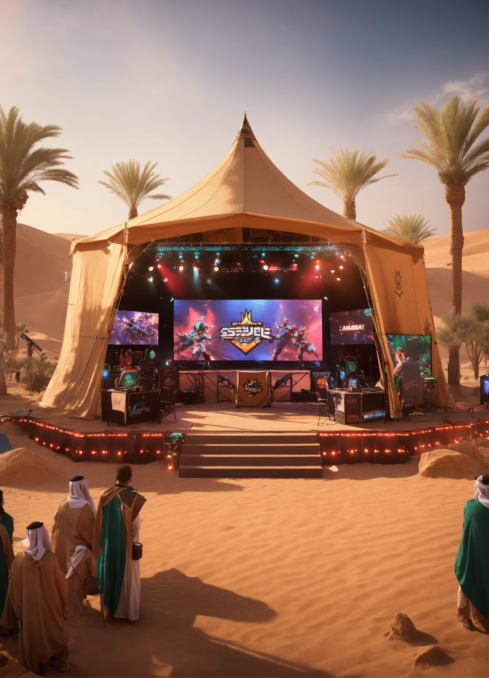 Lexica - Generate an image of a small esports venue's desert tent style ...