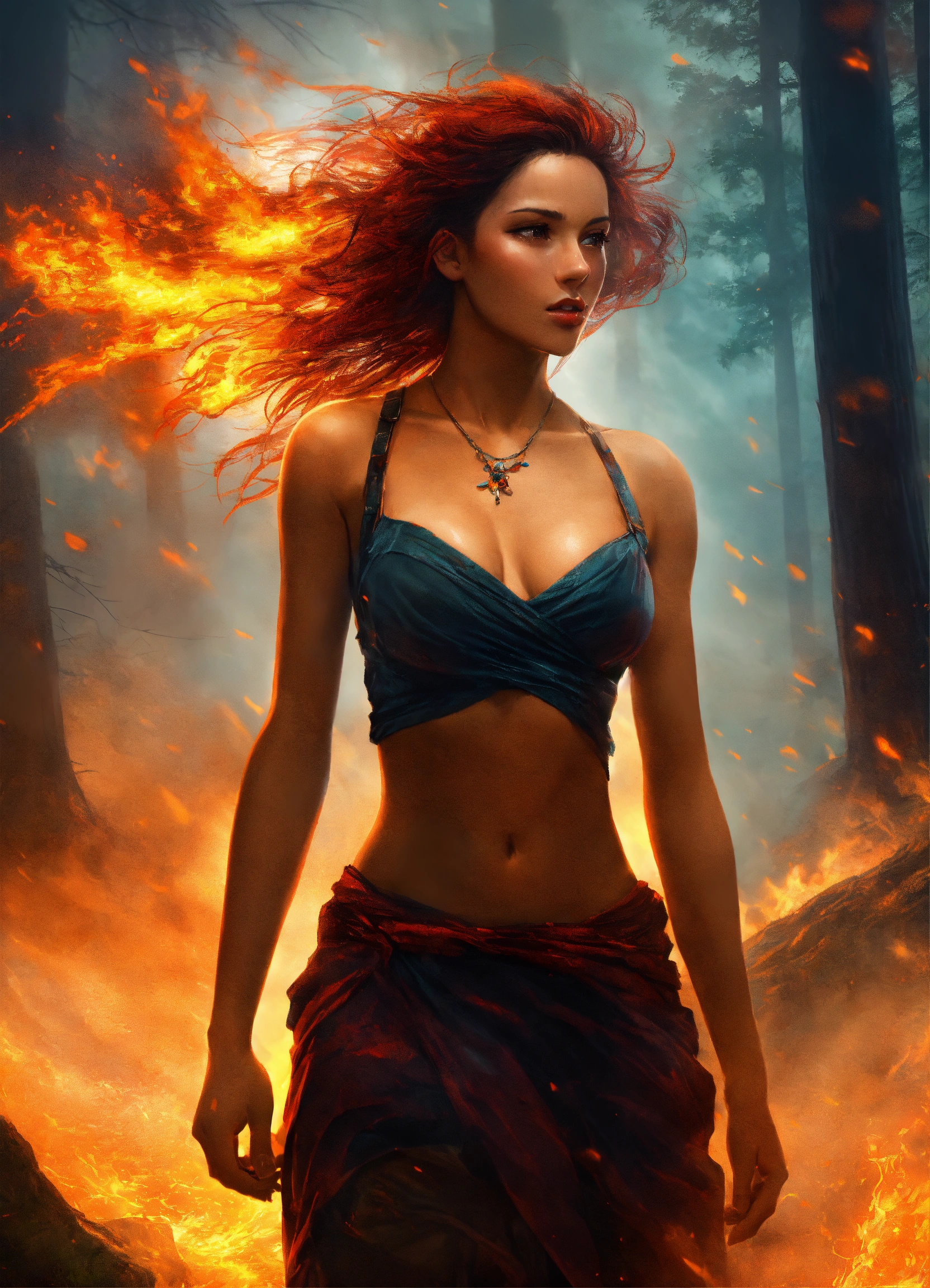 Lexica - A beautiful woman, barely clothed, a burning forest and a raging  storm behind her