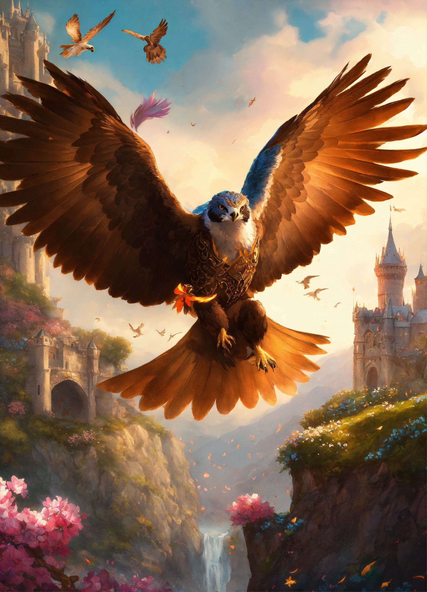 Lexica - Big animal falcon, wears magical armor, flying around castle ...
