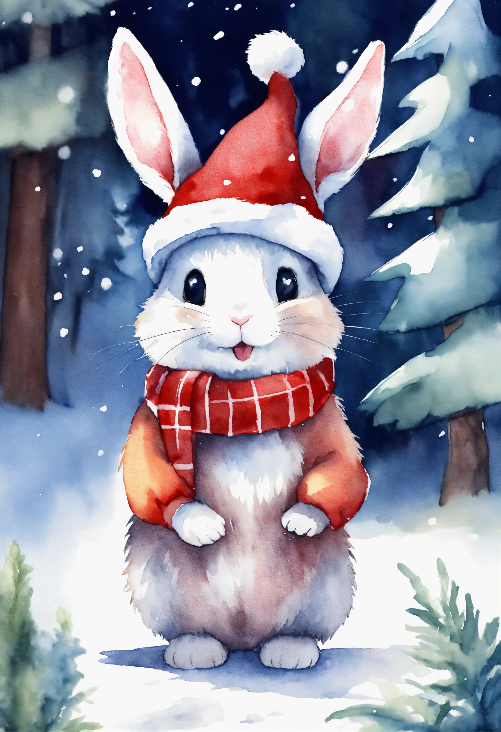 Lexica - A cute happy rabbit in forest with Christmas hat , ,snow ...