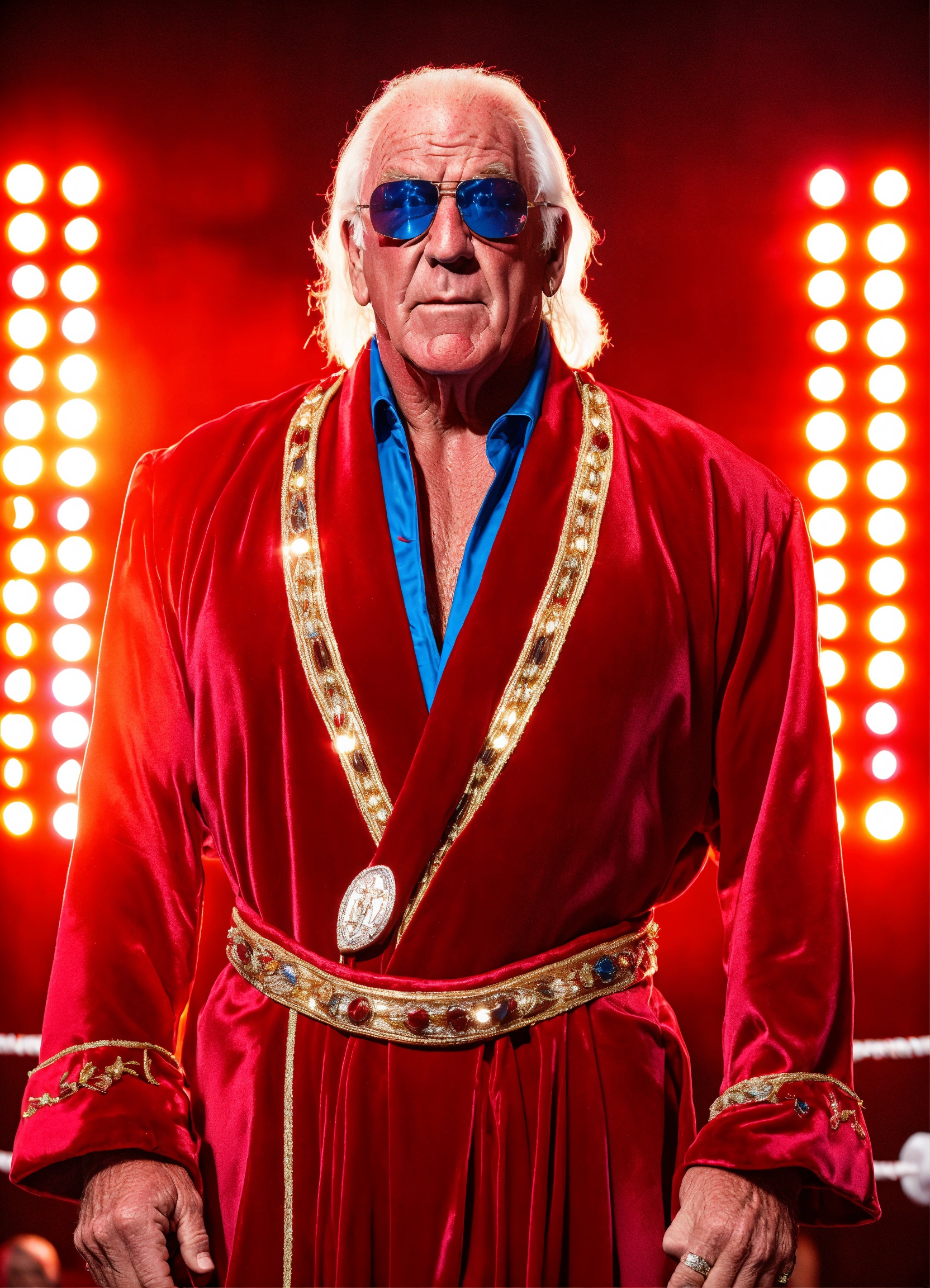 Lexica - Ric Flair in red robe, bright lights, wrestling ring ray