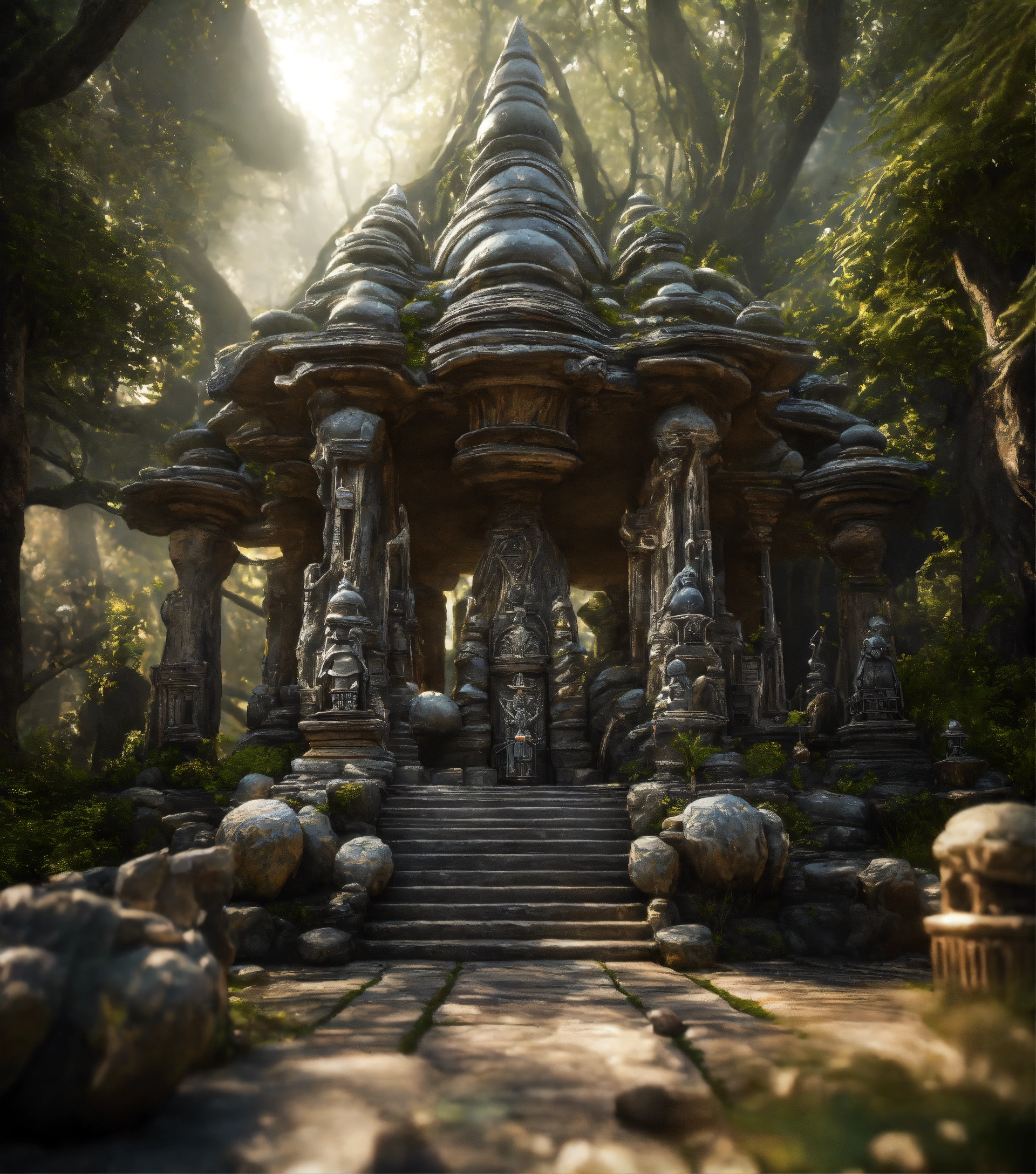 Lexica - A spiritual gnomes stone temple garden.sculptured . Style of alex  grey,giger.unreal engine