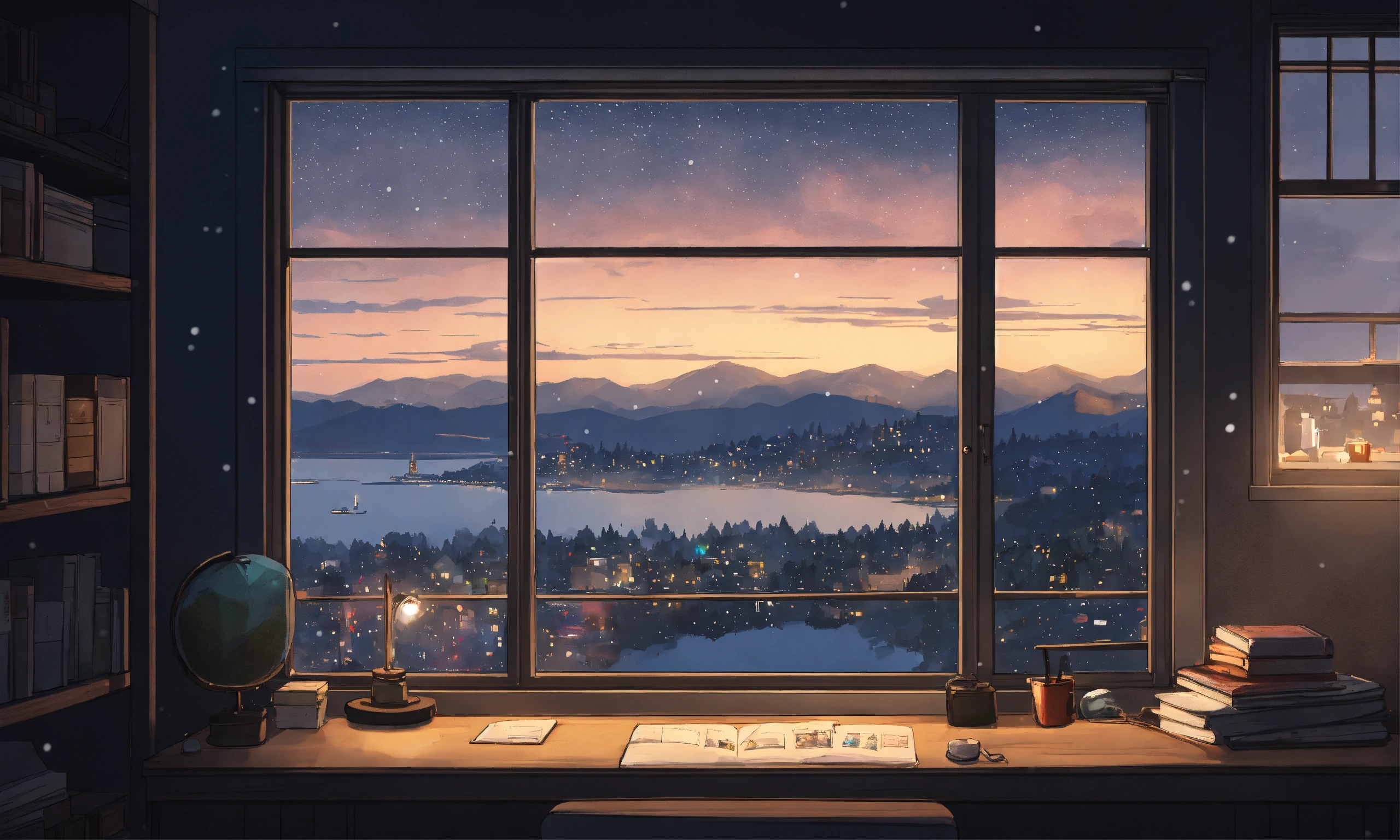 Lexica - Study desk, studio ghibli, dark grey washed colours ...