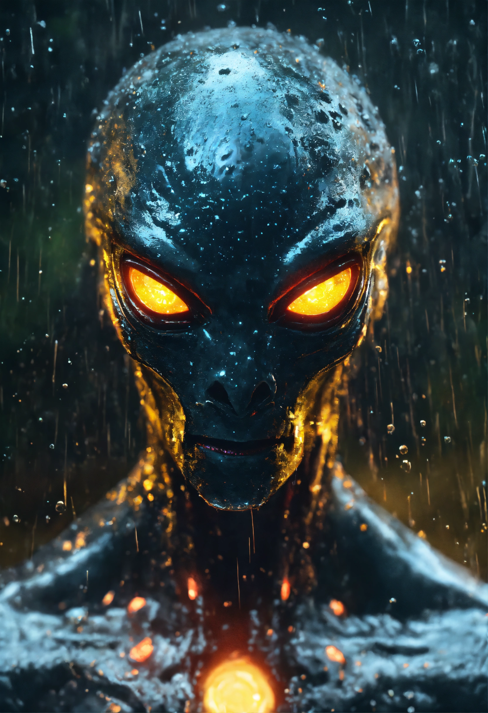 Lexica - An menacing alien with glowing eyes, in the pouring rain, in ...