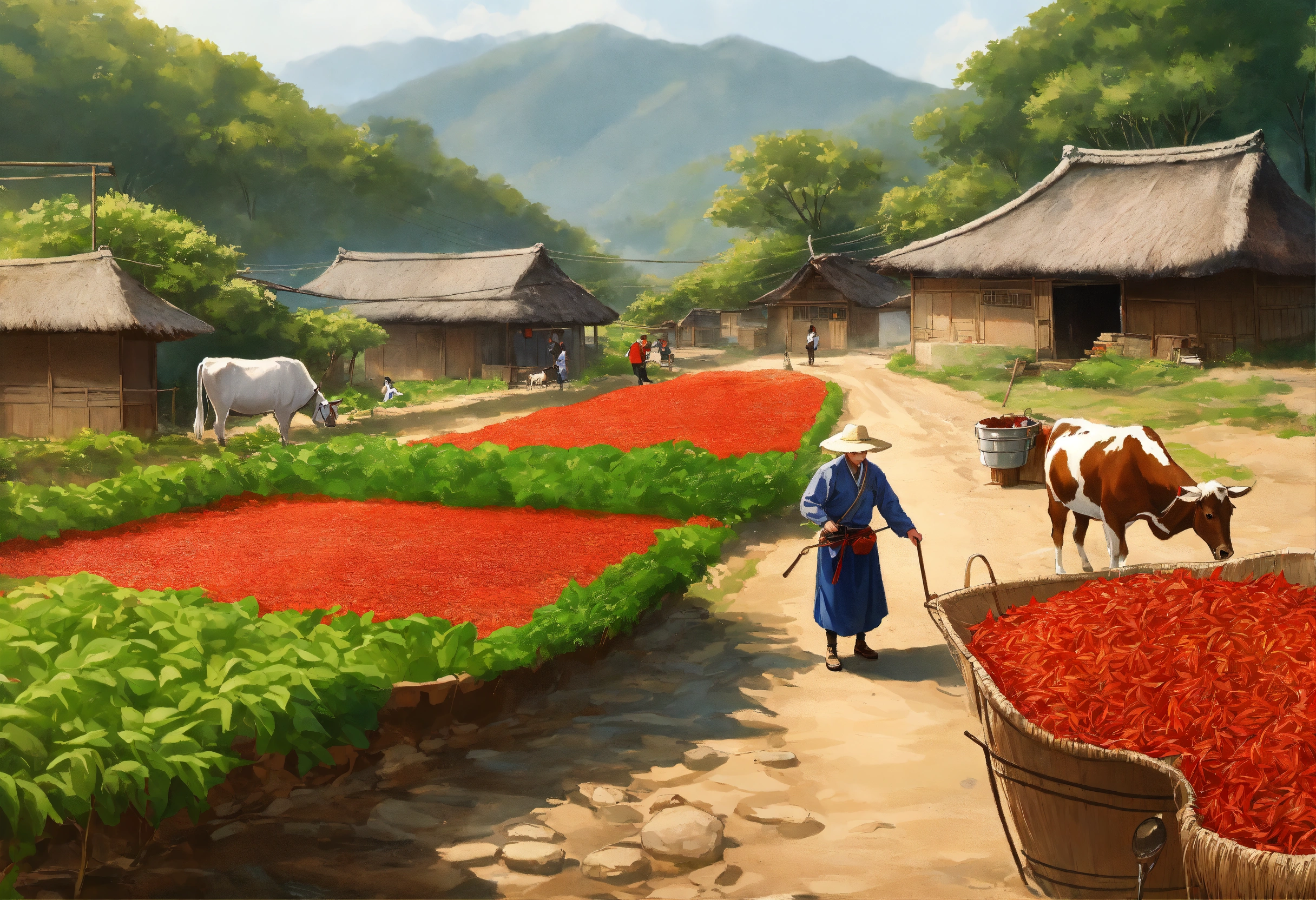 Lexica - A rural landscape in Korea, with thatched huts, a stream, a ...