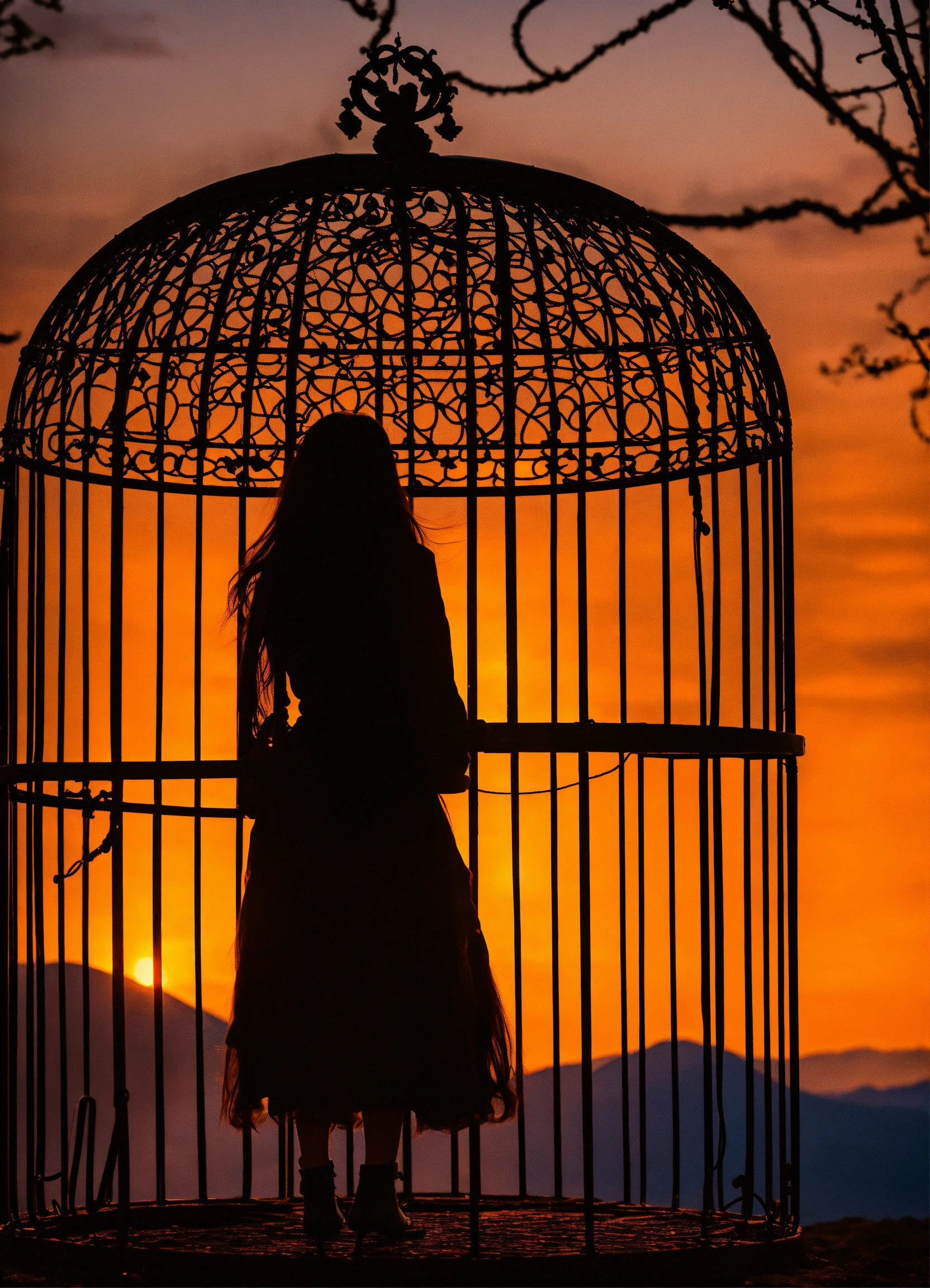 Lexica - The silhouette of a woman with long hair trapped in a cage ...
