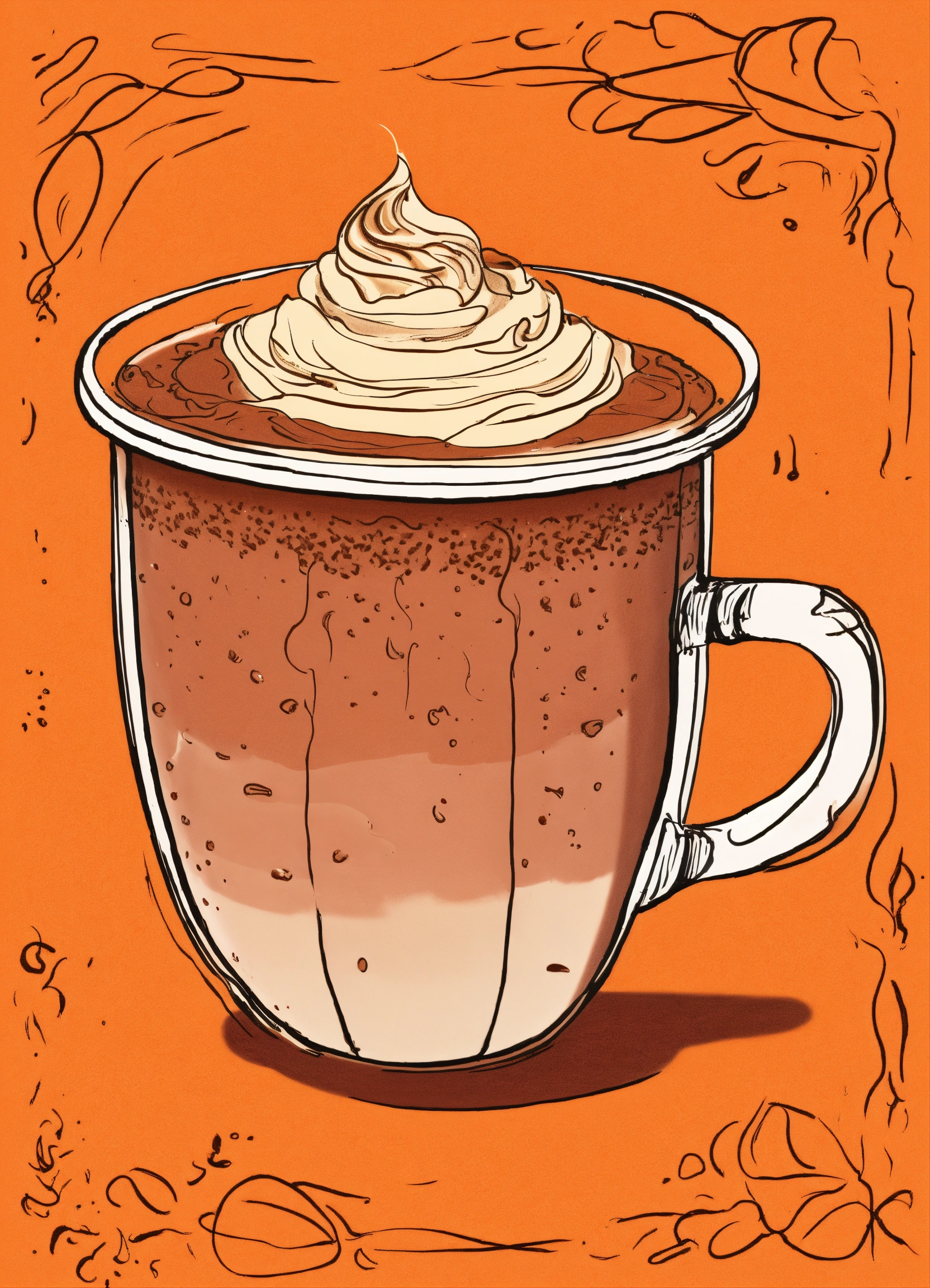 Lexica - A drawing of a hot cup of hot chocolate on a orange background