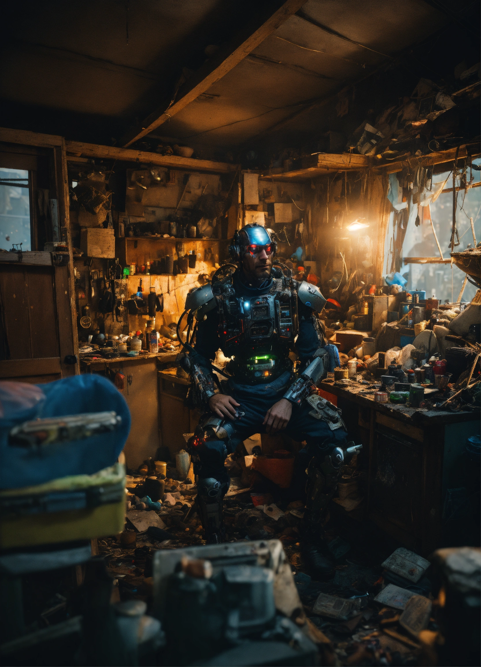 Lexica - Wide angle Environmental shot of evil Cyborg in a cluttered ...
