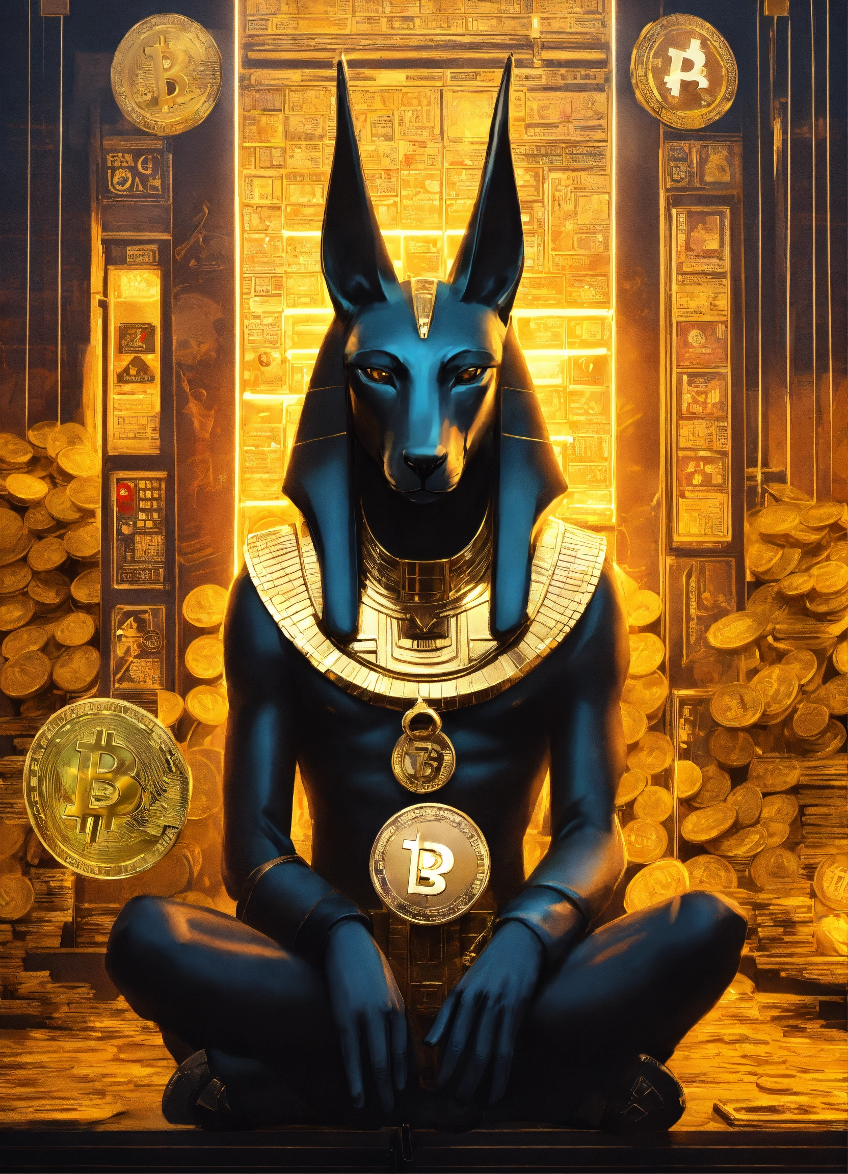 Lexica - Advertising poster of Anubis, surrounded by cryptocurrency