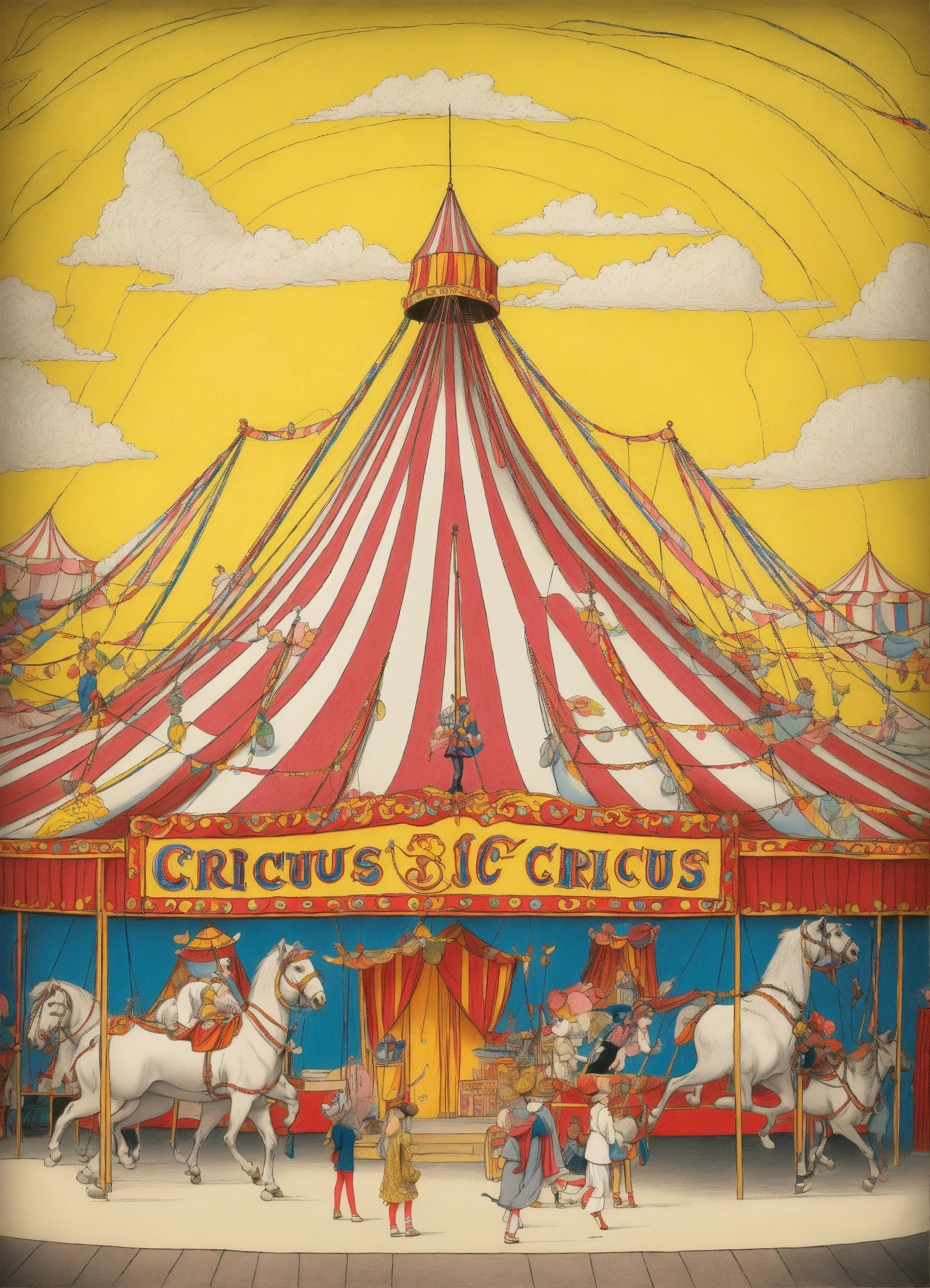 Lexica - Circus. Drawing an external view of a circus in the 50's. Line ...