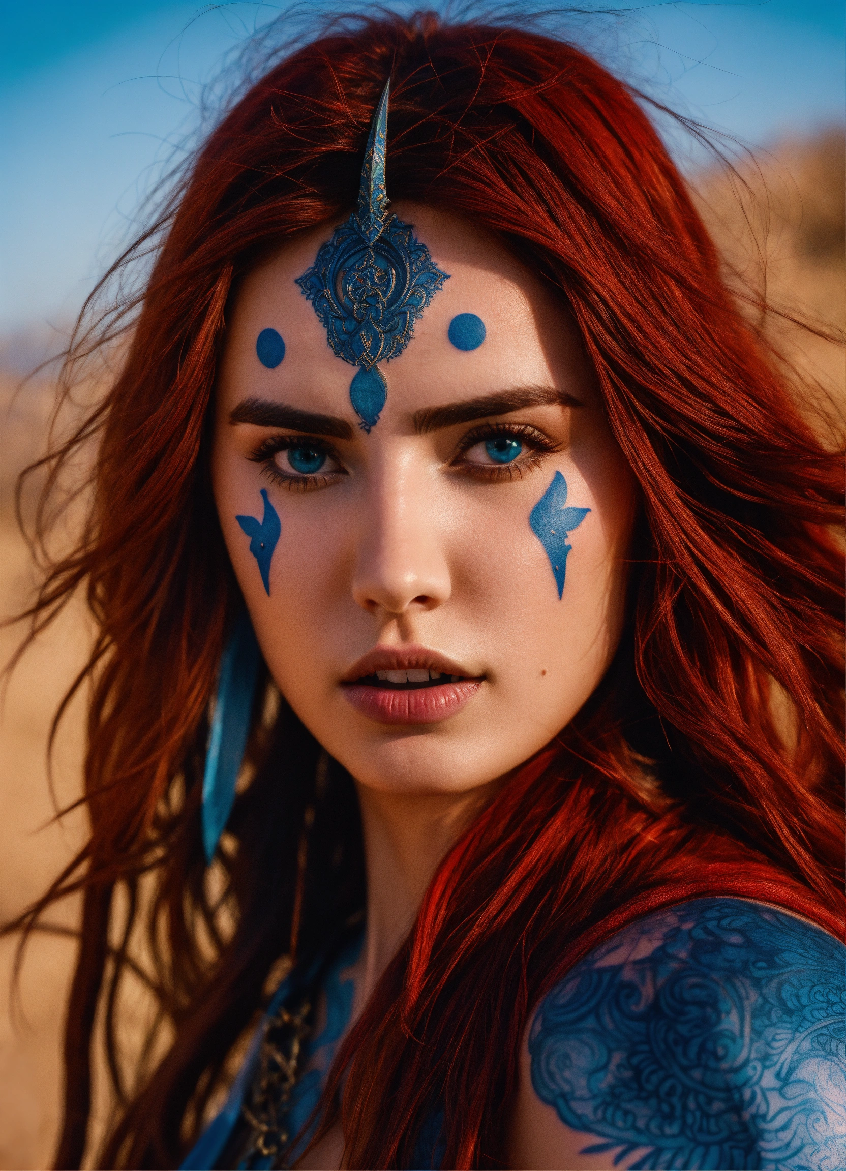 Lexica - Ana de armas as a desert djinn warrior, red long hair, blue eyes,  blue tattoos in face