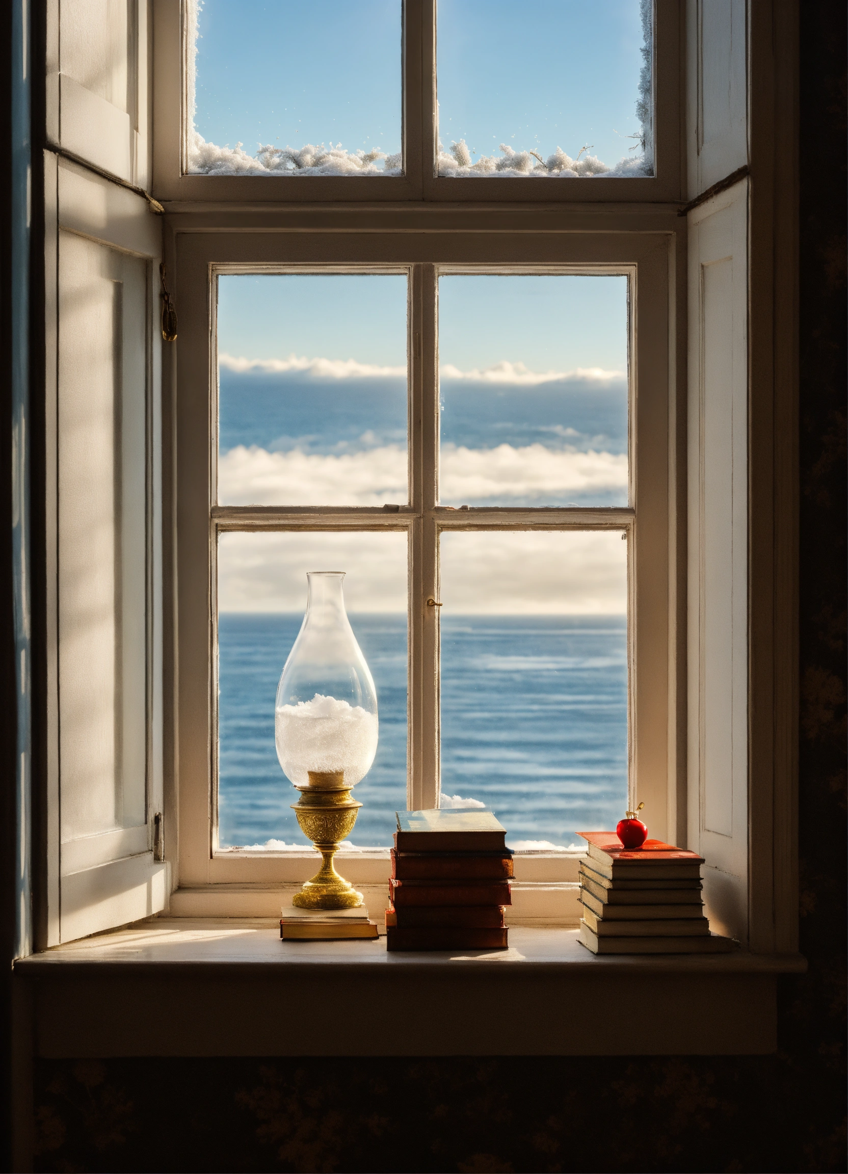 Lexica - A window overlooking the calm sea of winter, on the windowsill ...