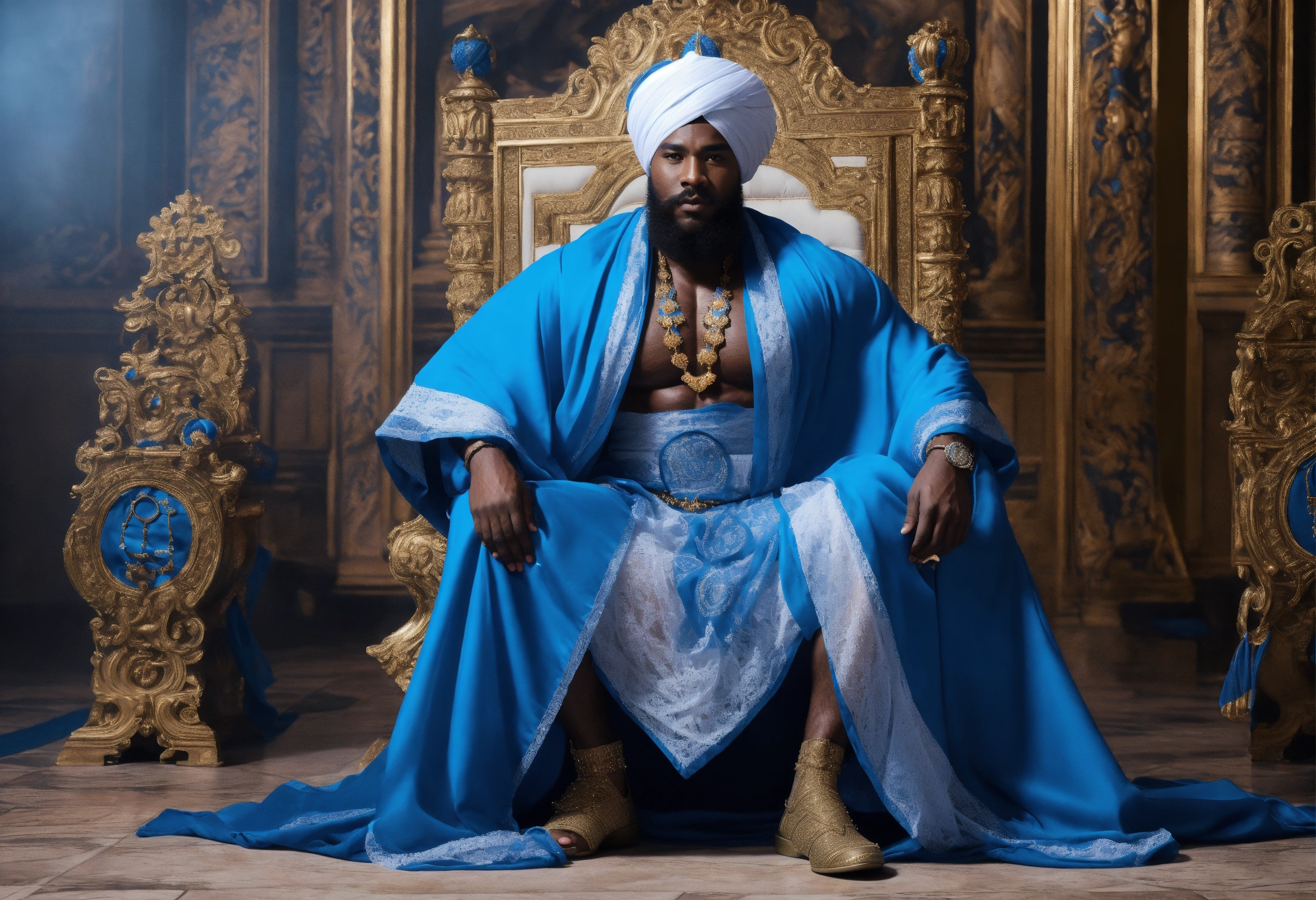Lexica - A black god king in white turban, in beautiful sheer blue and ...
