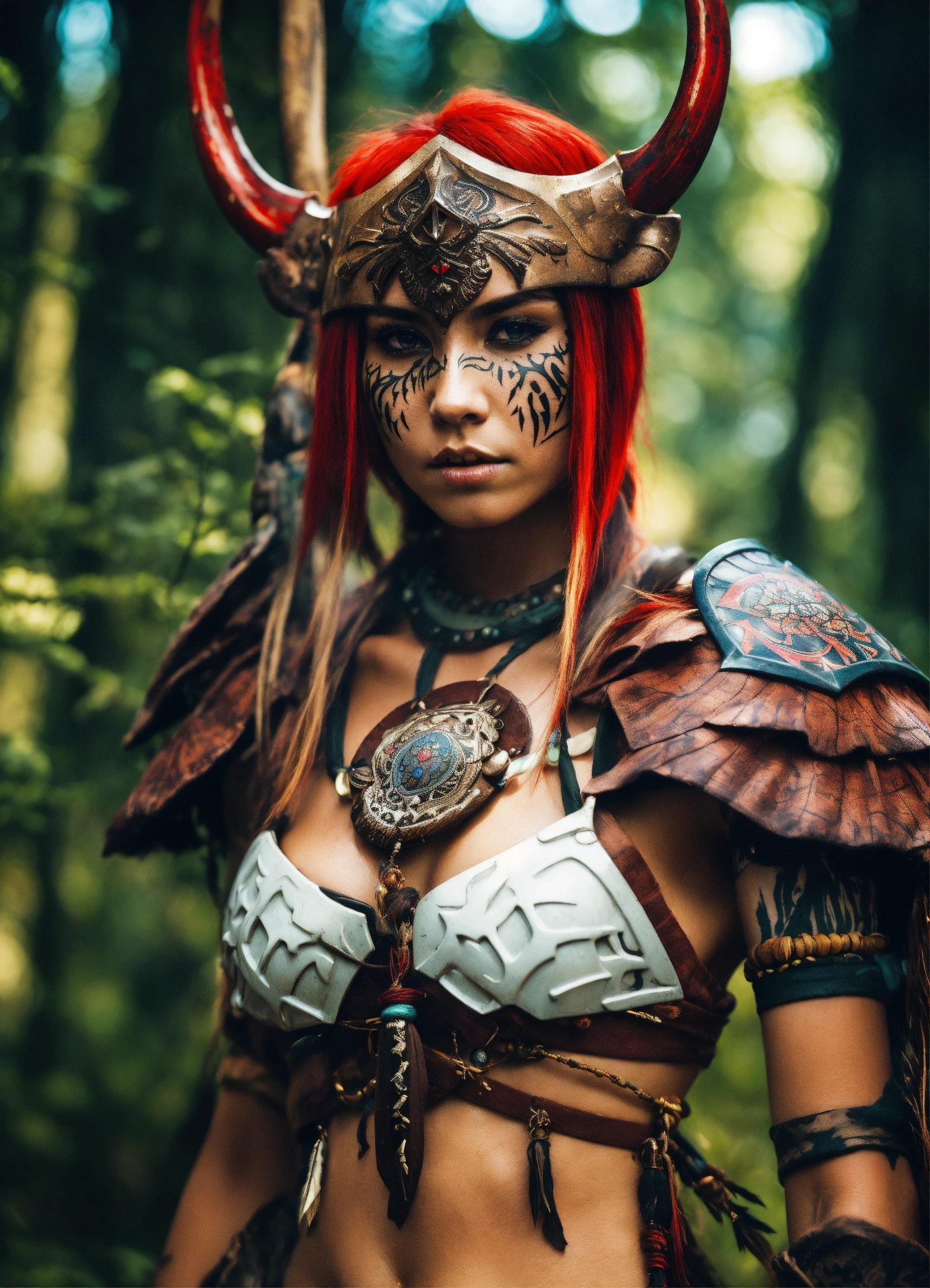 Lexica - A fierce anime female warrior in an enchanted forest. Wild tribe  girl, tanned, red and white marks and tattoo on face and body, primeval  tri...